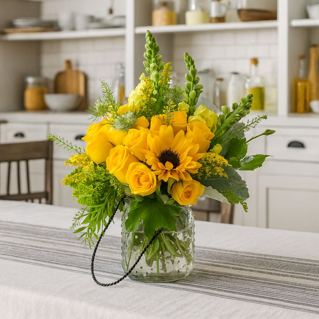 A Sweet-Smile - Brighten Someone’s Day with the Sweet Smile Bouquet – Send a burst of sunshine to a friend who’s feeling down or surprise a loved one just to show you care. This cheerful yellow flower arrangement is perfect for birthdays, get-well wishes, congratulations, or simply “thinking of you.” Presented in a stylish clear Ginger vase with a black handle, the bouquet features radiant yellow roses, charming yellow spray roses, vibrant yellow snapdragons, and a striking sunflower, all accented with lush fresh greenery. The Sweet Smile Bouquet is a heartfelt way to lift spirits and make any day brighter.