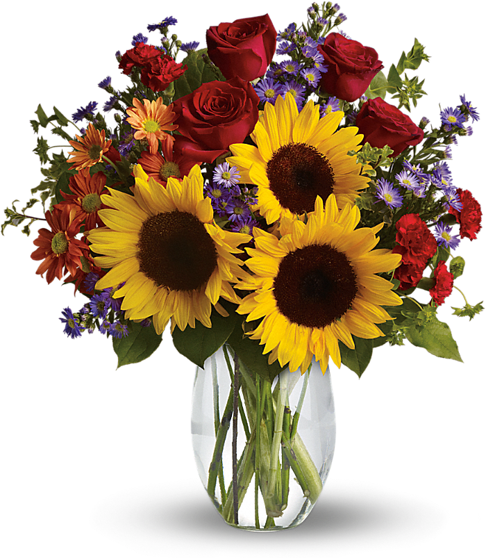 Fall Chic - A sunny sunflower bouquet gets an autumnal spin with the addition of pretty bronze daisy mums and rich red roses. The cheerful autumn floral arrangement is rich with color, making it a stylish, energizing pick for any fall occasion.  PLEASE NOTE: Florist reserves the right to make modifications to the design based on seasonality and accessibility of blooms and vases. Any modifications made will honor the palette, intent, and feeling of the pictured design. Contact floral designer directly with any specifications or concerns.