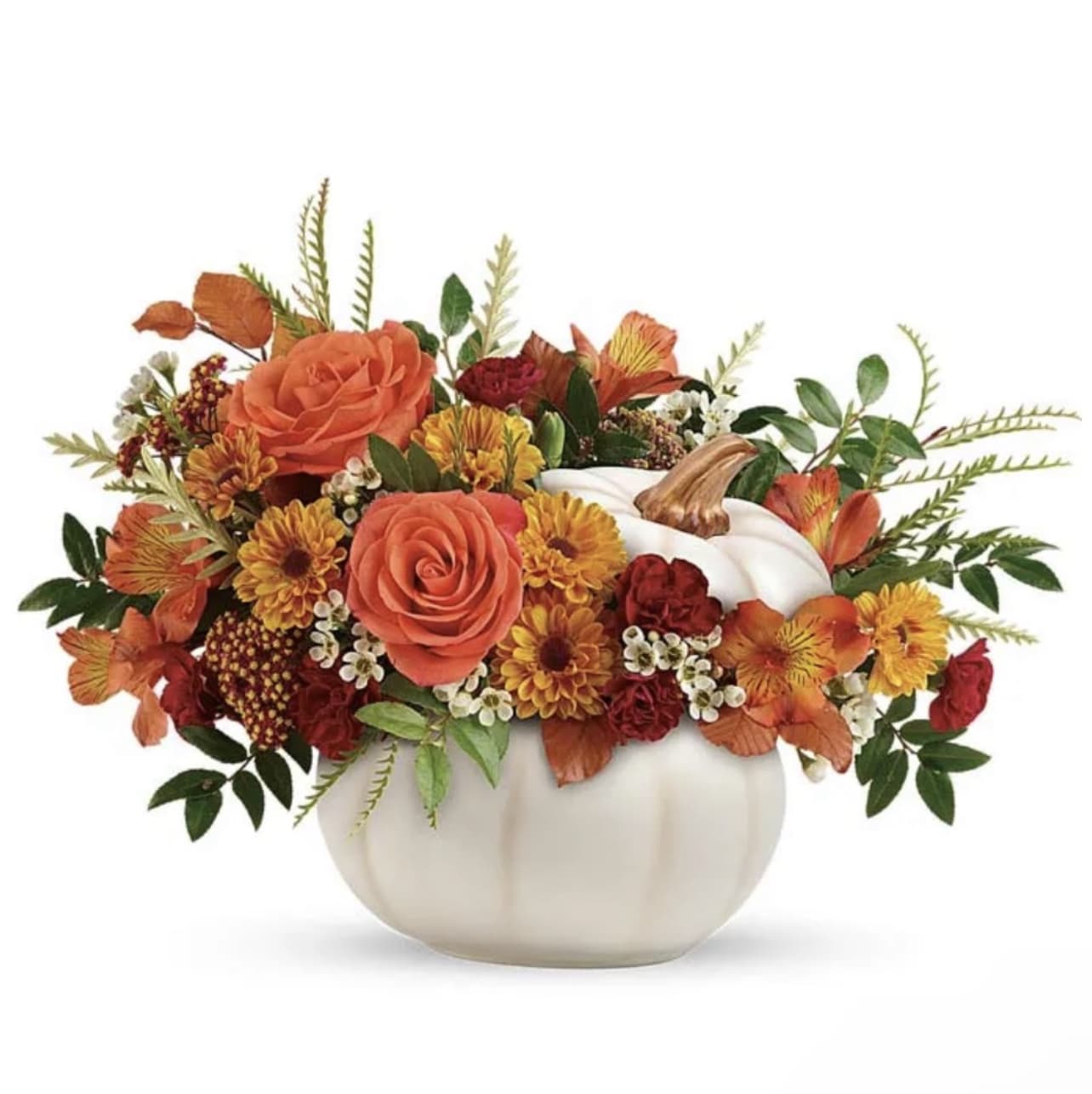 Pumpkin Spice - This charming arrangement is a splendid festive gift for a loved one, or a unique centerpiece for your own home! Sending the Pumpkin Spice as a thank you to your host is a grand gesture that will surely be appreciated! The cascading display of orange roses and alstroemeria is accented with stunning maroon mini carnations and golden mums.   PLEASE NOTE: Florist reserves the right to make modifications to the design based on seasonality and accessibility of blooms and vases. Any modifications made will honor the palette, intent, and feeling of the pictured design. Contact floral designer directly with any specifications or concerns.