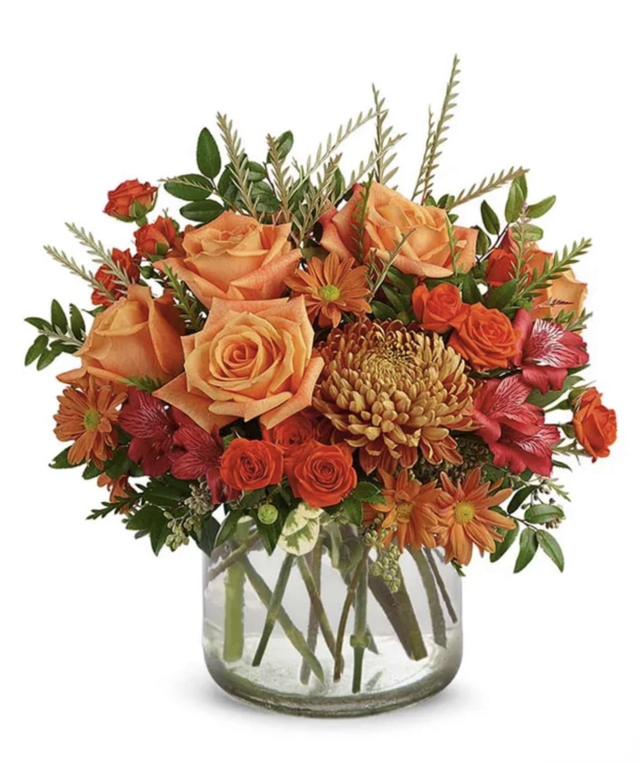 Warm Sunburst - There is no better gift than a thoughtful gesture, and the holidays is the perfect time to remind those near and far that you're thinking of them. Celebrate the stunning colors of this crisp and classic time of year with the Warm Sunburst Bouquet. Brilliant orange roses blend beautifully with rustic mums and fresh pops of Peruvian lilies.  PLEASE NOTE: Florist reserves the right to make modifications to the design based on seasonality and accessibility of blooms and vases. Any modifications made will honor the palette, intent, and feeling of the pictured design. Contact floral designer directly with any specifications or concerns.