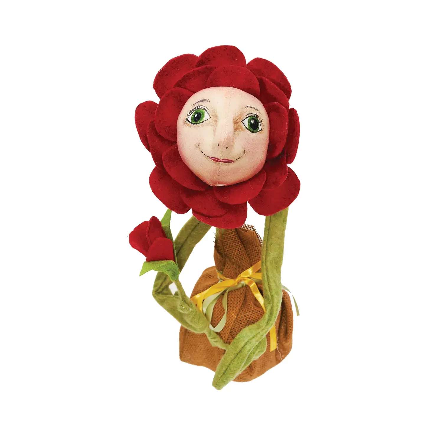 Poppy Sunflower Poppy Sunflower - Poppy Sunflower is hand-painted with big green eyes and a smiling face. Soft red petals frame her expressive face, and she sits in a weighted burlap pot. Whimsically wonderful, this uniquely handcrafted figurine from Joe Spencer's Gathered Traditions' collection will bring a charming touch to your home. Create your own flower collection by adding our Buttercup Sunflower and Blossom Sunflower figurines.
