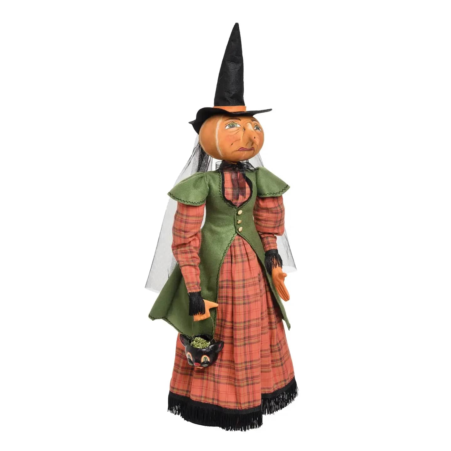 Ophelia Witch - Ophelia has no patience for giggling children, trick-or-treating, or dressing in costume. For her, Halloween is the one night each year where enough magic is in the air to brew a perfect toad transformation potion. Ophelia is free-standing with a hooked nose and impressive height. Whimsically wonderful and a little bit spooky, this uniquely handcrafted art doll from Joe Spencer's Gathered Traditions collection will bring a touch of fun and scary to your home during the Halloween season.  35&quot; tall.