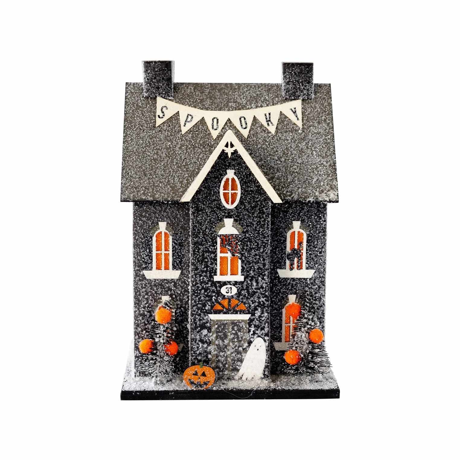 Haunted Home Haunted Home - Get ready for some wicked fun with our Witches Brewing haunted village house. Imagine the witches working their magic, brewing up some spooky potions. Perfect for all your Halloween decorating needs. * House is 4" wide x 3.25" deep x 7.5" tall * Constructed of heavyweight paperboard with glitter accents * includes battery powered light inside (please keep out of reach of small children)