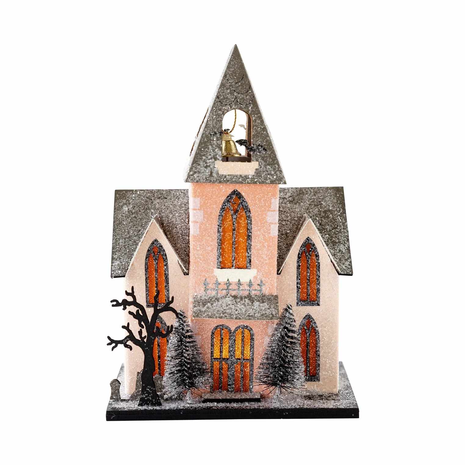Halloween Abbey Halloween Abbey - Add some spook and spirit to your home with our Halloween Church! Perfect for your Halloween village, this decor will bring a festive touch to any space. Don't miss out on this eerie addition. * House is 5.75" wide x 4" deep x 8" tall * Constructed of heavyweight paperboard with glitter accents * includes battery powered light inside (please keep out of reach of small children)