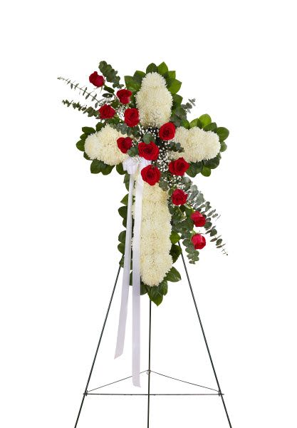 Peace and Prayers Standing Cross in Red and White Peace and Prayers Standing Cross in Red and White - Standing cross arrangement of white football mums and red roses; accented with soft, lush greenery