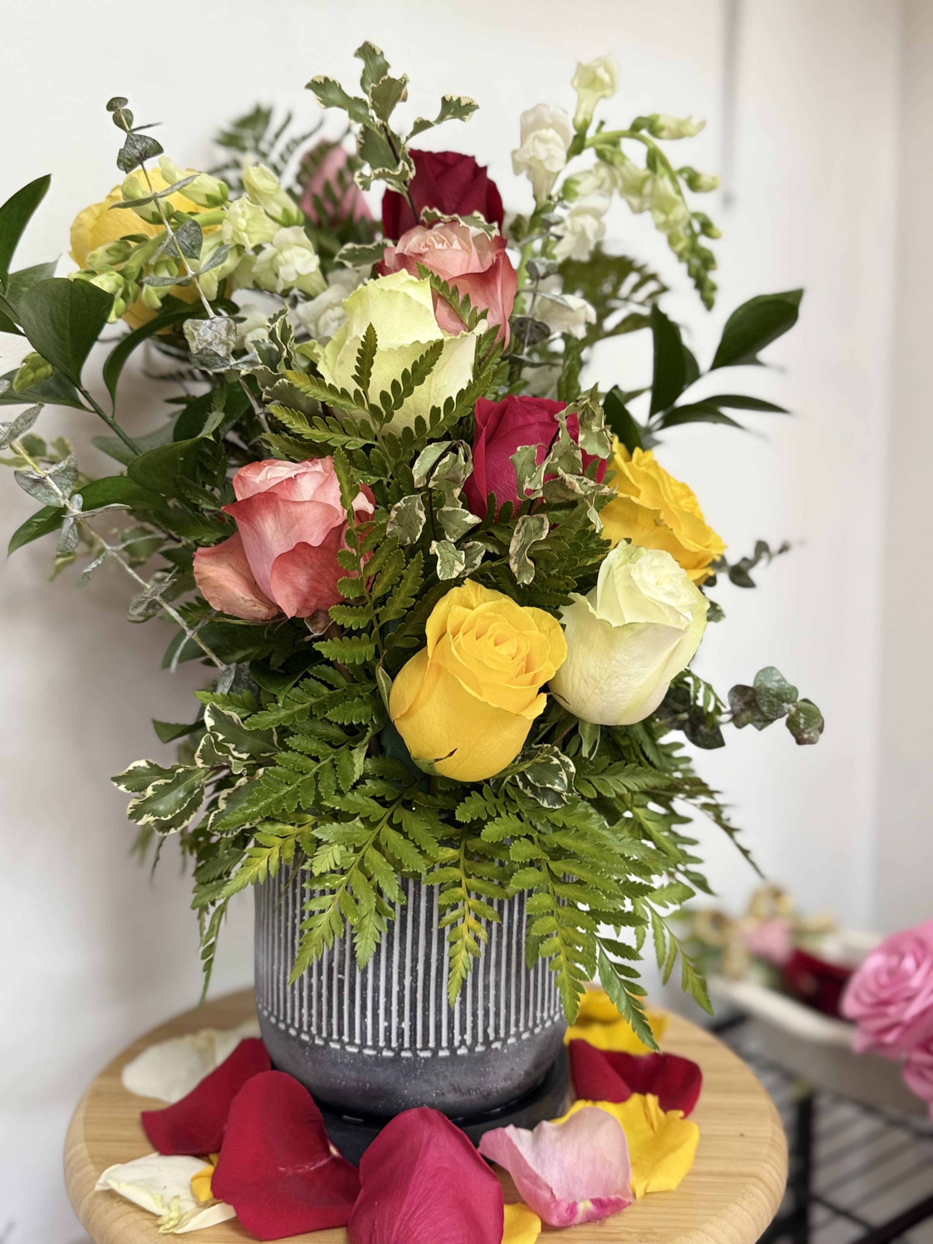 Happy Birthday  - Between 8- 12 roses, 2 snapdragon, carnations and fillers