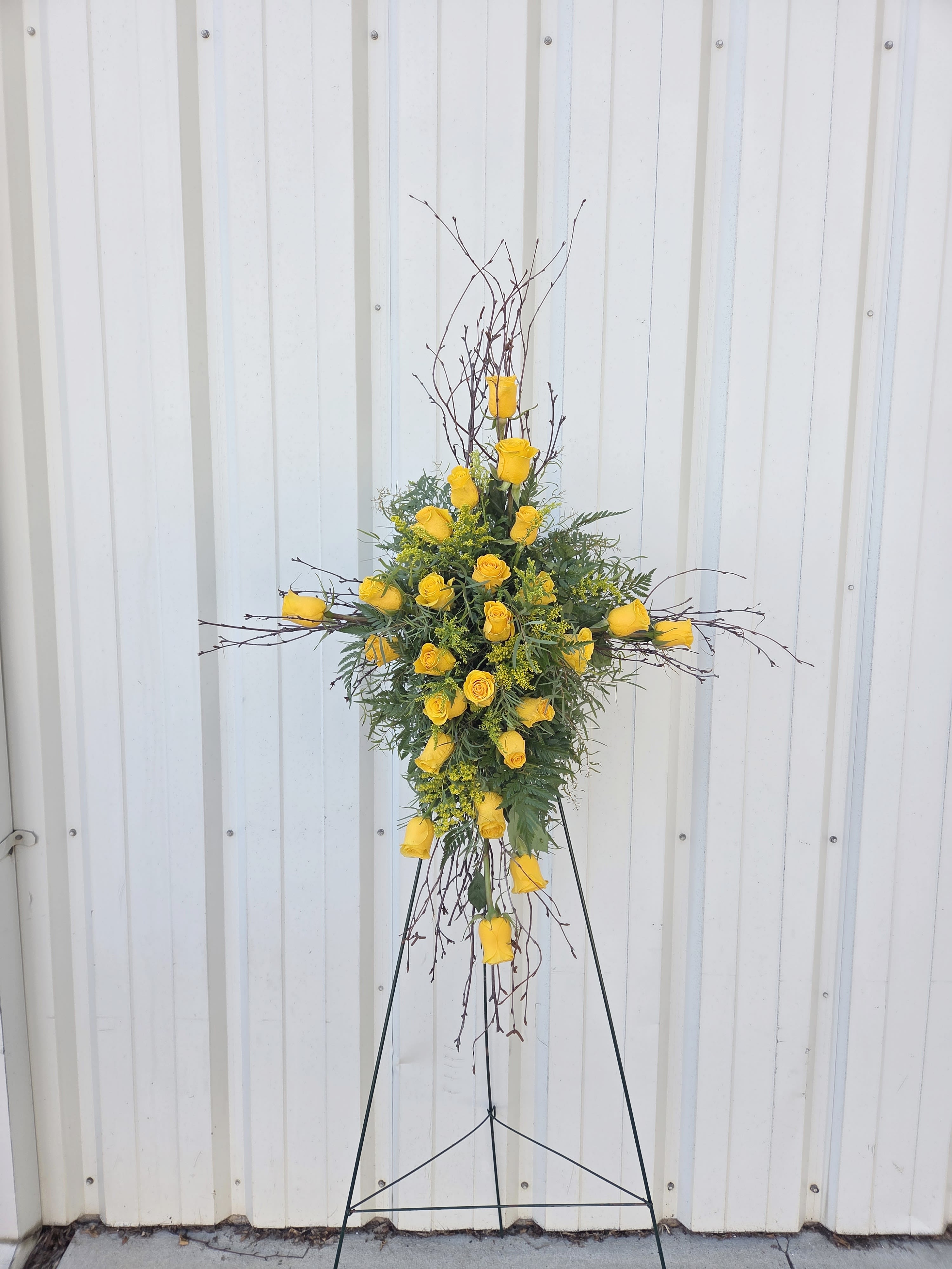 Birch Cross Easel in Yellow - This beautiful easel arrangement in the shape of a cross is a meaningful way to pay tribute to a loved one. Rose color may vary.
