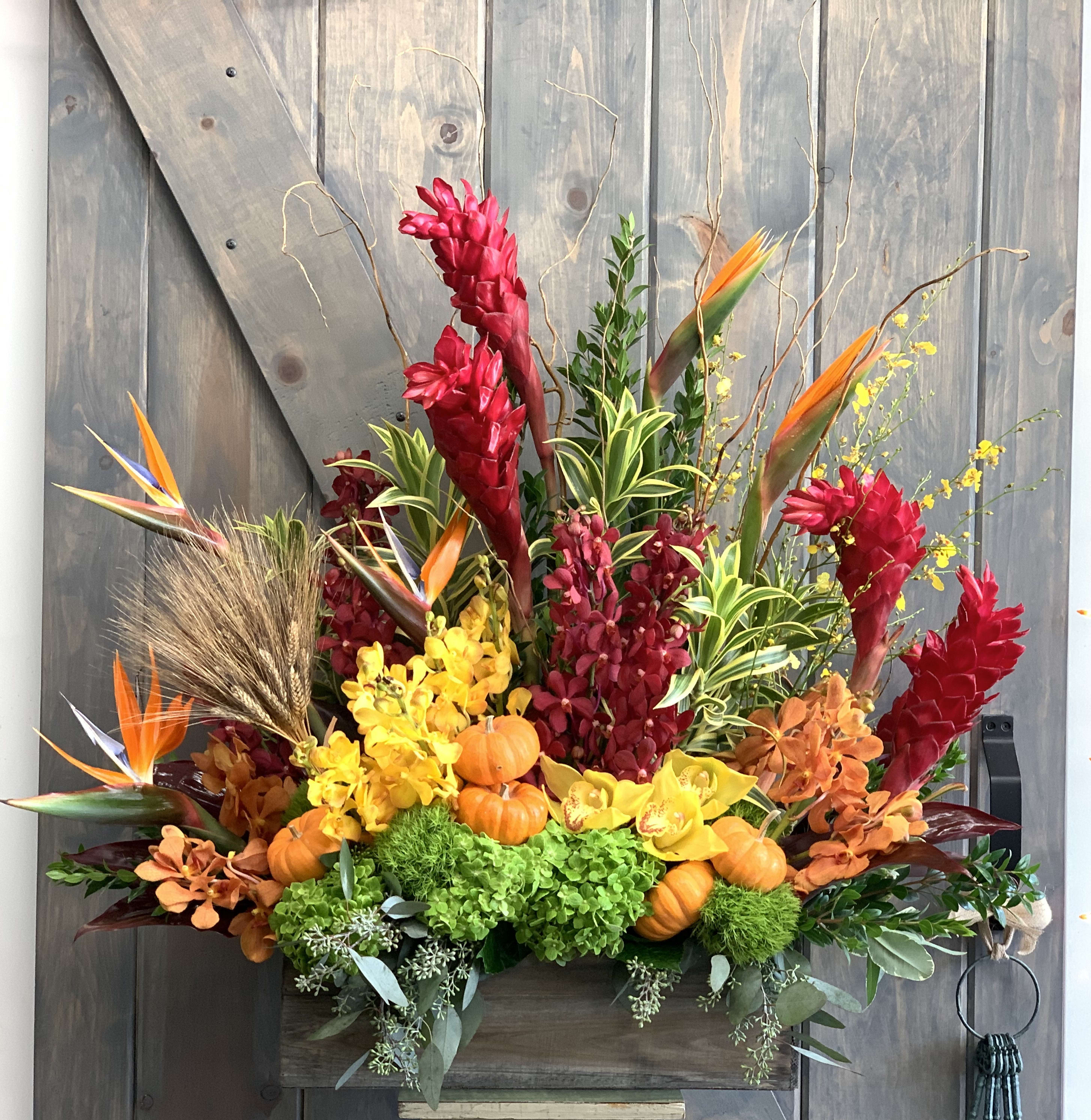 Aloha Autumn - This fabulous and impressive floral display is certain to turn heads! Included in this design are Ginger, Bird of paradise, Song of India, hydrangea, Makara Orchids, Cymbidium Orchids, Oncidium orchids, Dianthus, Seeded Eucalyptus,Ti leaves, Wheat and pumpkins in a long wood box