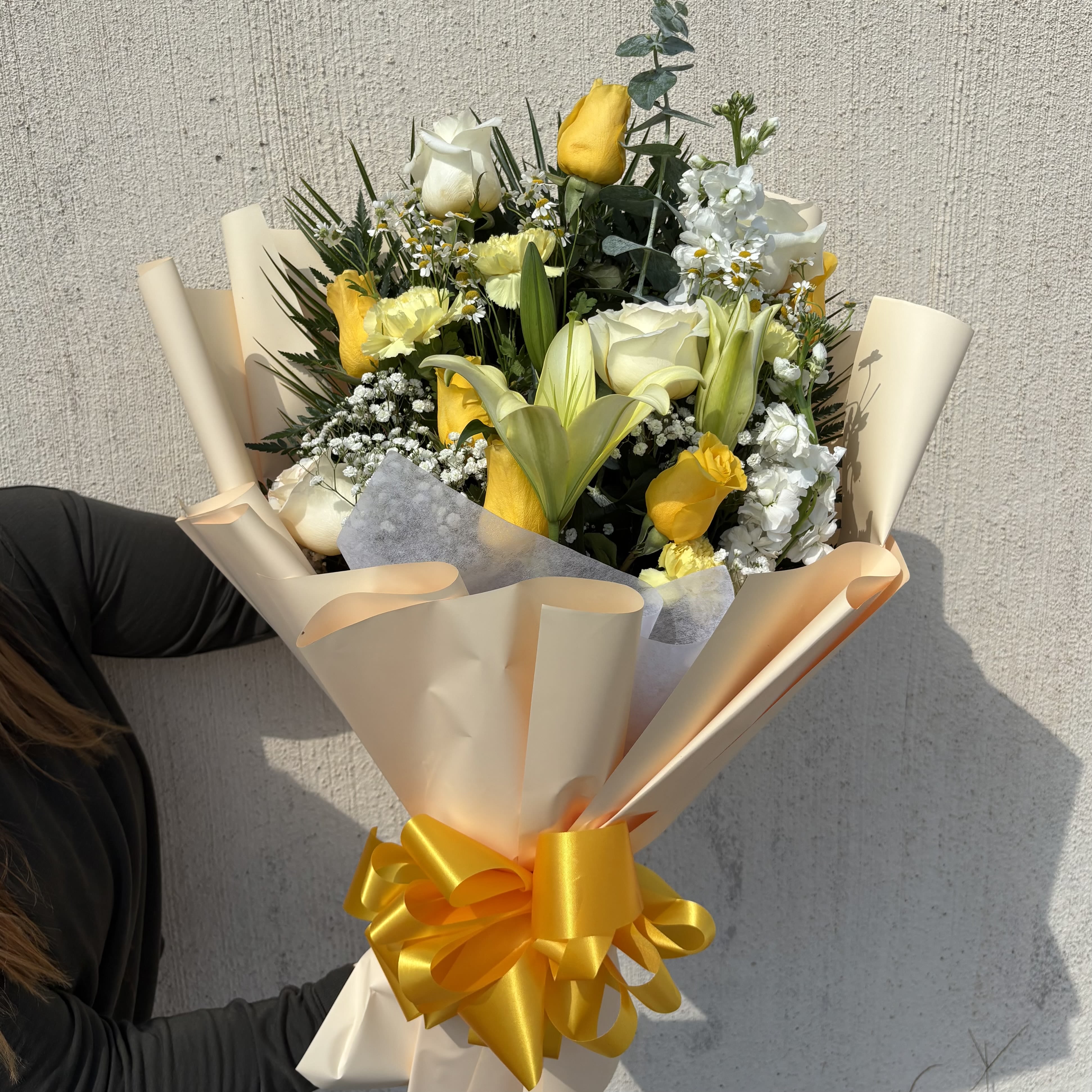 Yellow Cloud Large - 1 full dozen of roses mixed with different flowers . Yellow and white themed