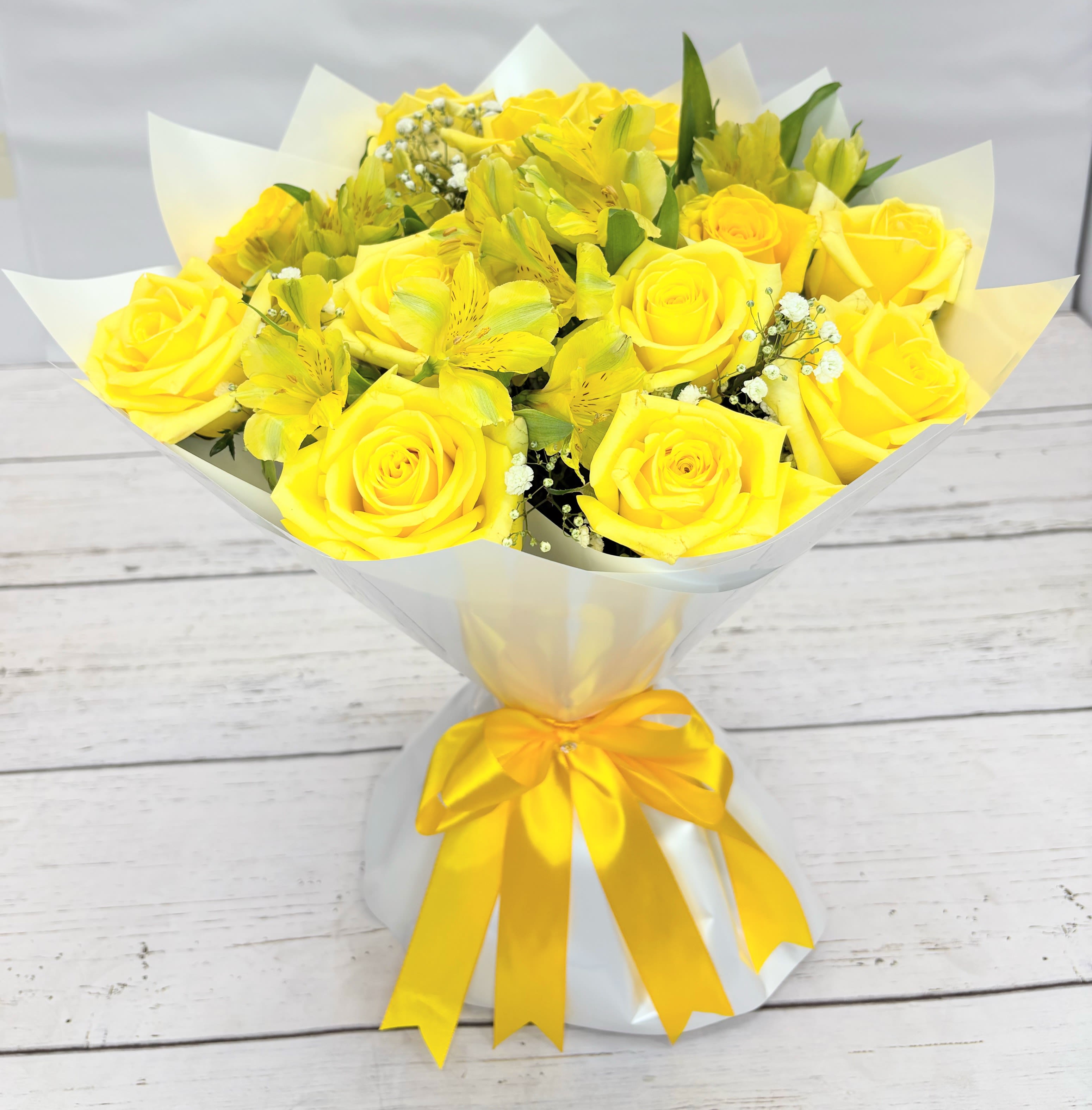 Yellow Day Bouquet - Yellow roses &amp; Alstroemeria-Wrap White paper and clear base.
