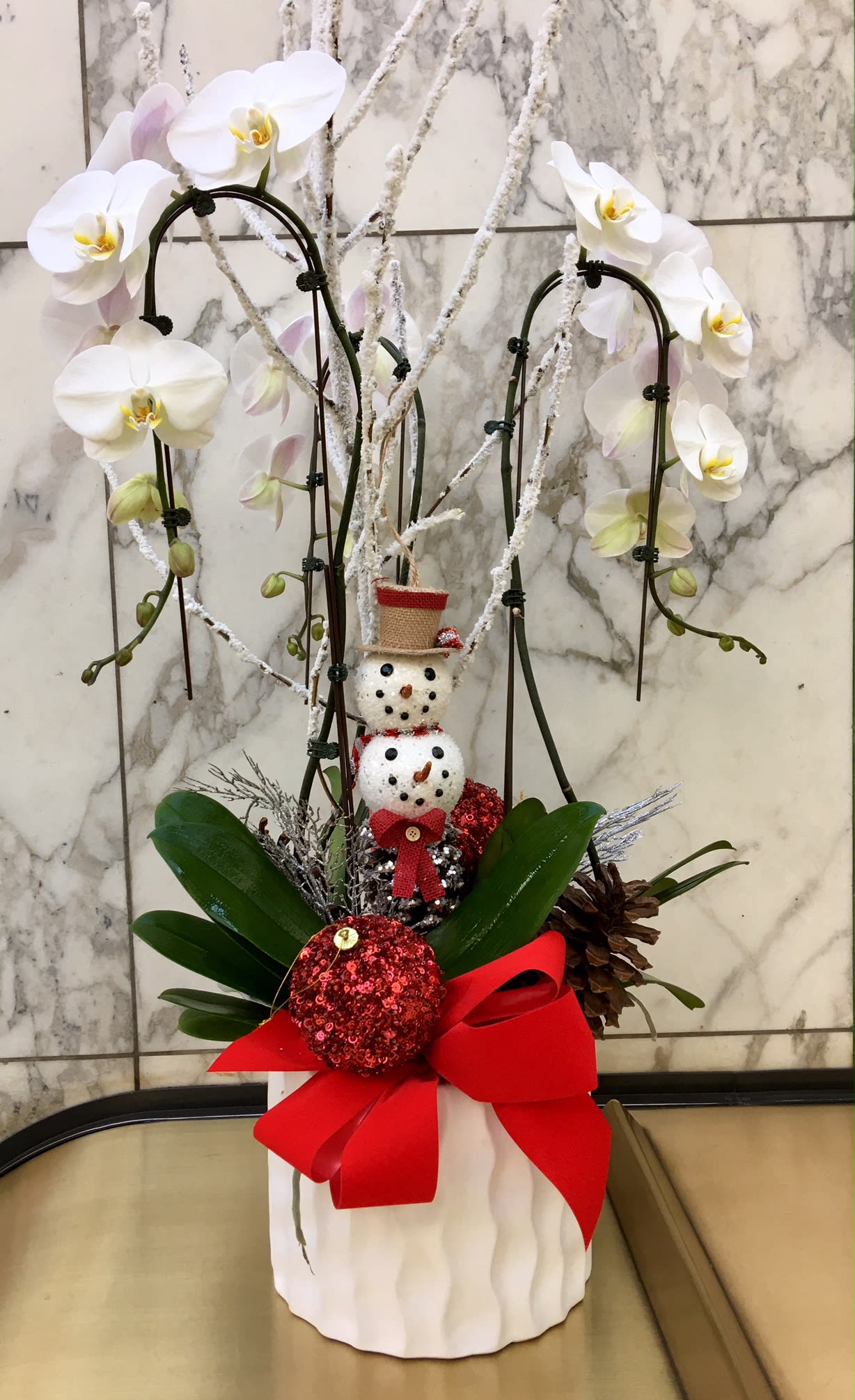 Winter Orchid  - This graceful white phaleanopsis orchid is an enchanting gift for any occasion. Housed in our white modern vase, and decorated with some of our holiday decor, this beautiful arrangement is a showstopper.  
