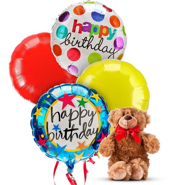 Teddy Bear with 4 Mylar Balloons Teddy Bear with 4 Mylar Balloons - Teddy Bear with 4 Mylar Balloons Balloon and teddy bear styles may vary from the picture shown. Special Instructions: If you would like a message other than "Happy Birthday" (e.g., "Get Well," "Welcome Baby"), please specify in the special instructions at checkout. Otherwise, the arrangement will include 2 solid color Mylar balloons and 2 "Happy Birthday" balloons by default.