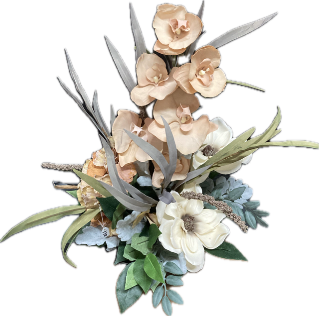 SILK 5 - A hand crafted silk arrangement  centerpiece set in a modern black metal bowl, created by one of our talented designers. Approximately 18&quot;h x 21&quot; wide, a stunning piece.