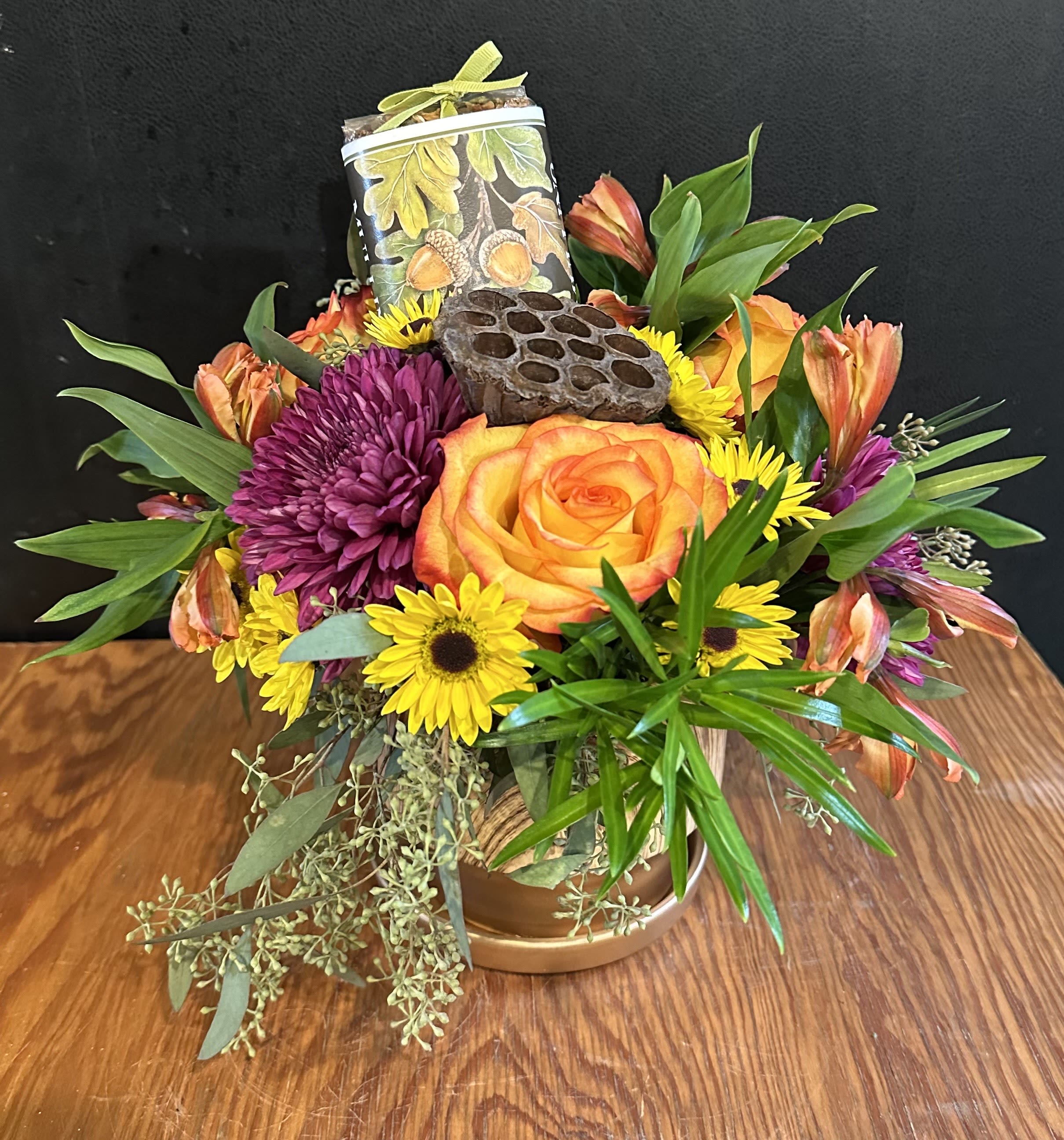 Autumn Allspice With Mulling Spices - Fall Jewel tone florals are  gathered together in a wood tone  Ceramic container,  includes a package of mulling spices to spice up the season .    
