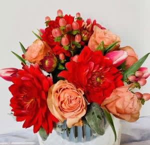 Wild Oats - beautiful vase with a spring flowers: tulips, roses, dahlia