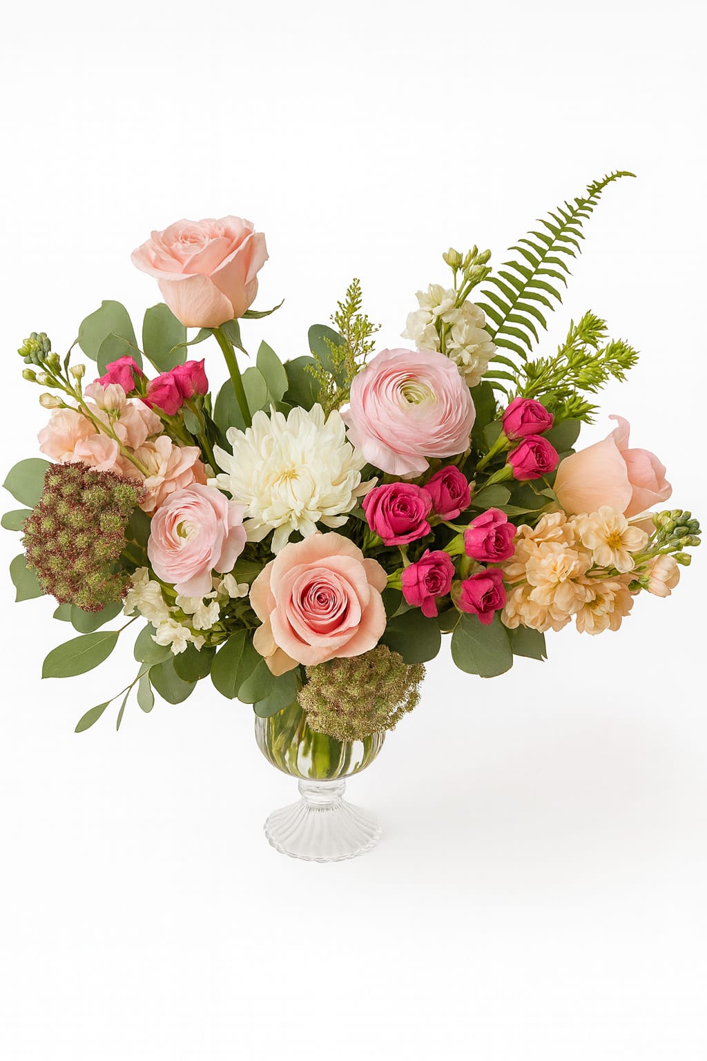 Blush Garden Elegance - A romantic garden-inspired arrangement designed in a classic glass pedestal vase. Featuring soft blush and peach roses, delicate ranunculus, creamy chrysanthemums, and accents of fragrant stock and lush greenery. Pops of vibrant pink blooms add a cheerful touch, making this design perfect for celebrations, thoughtful gifts, or as a centerpiece that elevates any room.  Crafted with care to highlight seasonal beauty, this design balances elegance with freshness and charm.