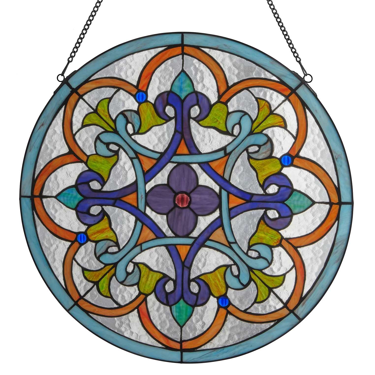 Martha - Make a statement in any room with this magnificent 20.5”H Martha Multicolored Round Stained Glass Window Panel.  Featuring 152 individual glass cuts and 5 jewel-like cabochons in hues of blue, purple, green, orange and more, this round Tiffany-inspired stained glass window is made using artisan methods and set in an iron frame. Ready to hang with the included 31.5&quot; metal chain, you'll enjoy how vibrant the colors become when they're illuminated by sunlight. Perfect for an entryway transom, dining room window or library window, this traditional nod to the golden age of Lewis Comfort Tiffany's stellar work is sure to bring pleasure to all who see it.