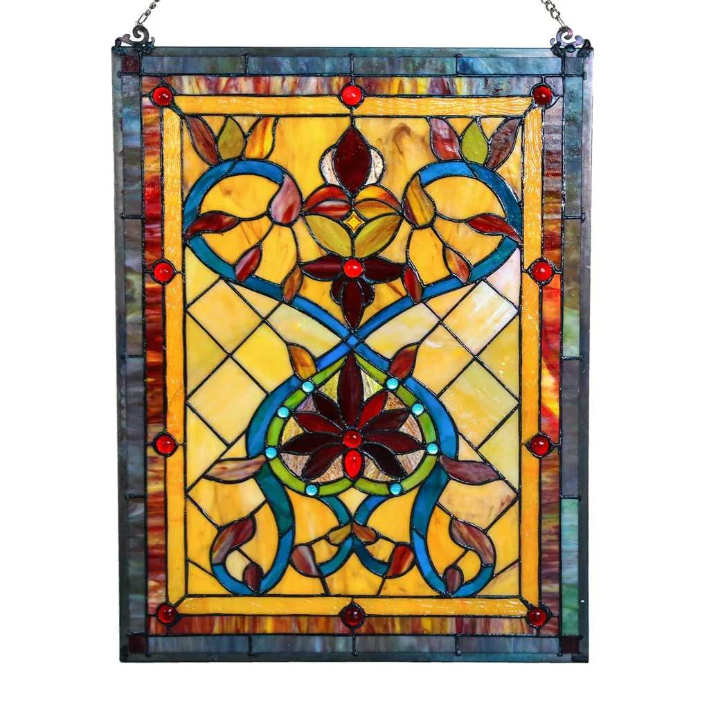 Clara - This glass panel design incorporates flower petal elements with Edwardian hearts against a lattice background.  This gorgeous piece will bring radiant warmth into your home as the glow of the sun shines though.  This glass panel features sunset hues of red, orange, and yellow made from 202 pieces of hand-cut glass and 22 cabochons.  Window panels are not only great for adding color to your window, but they also add privacy without the weight of draperies and blinds. Panels can also be displayed against a wall for a more contemporary, gallery feel.  18&quot; L x 24&quot; H  Includes 28&quot; chain for convenient display options.