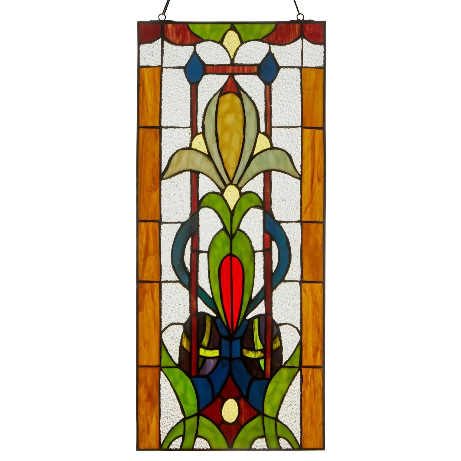 Fleur De Lis - No matter the season, this gorgeous stained glass fleur de lis will always be in bloom. Handcrafted from 126 individual cuts of green, red, amber, and blue Tiffany-style stained glass, the stunning blooms on this 24-inch decorative window panel come alive with the sun's rays against a clear glass background. A lovely gift for Mother's Day, a special anniversary, or for the gardener in your life, this stained glass window panel is easy to display in a kitchen or bedroom window or in the sunroom, thanks to the 22 inch included metal chain. Perfect addition to your fall decor.  10.5&quot;L x 24&quot;H.  Includes a 22-inch metal chain for easy hanging