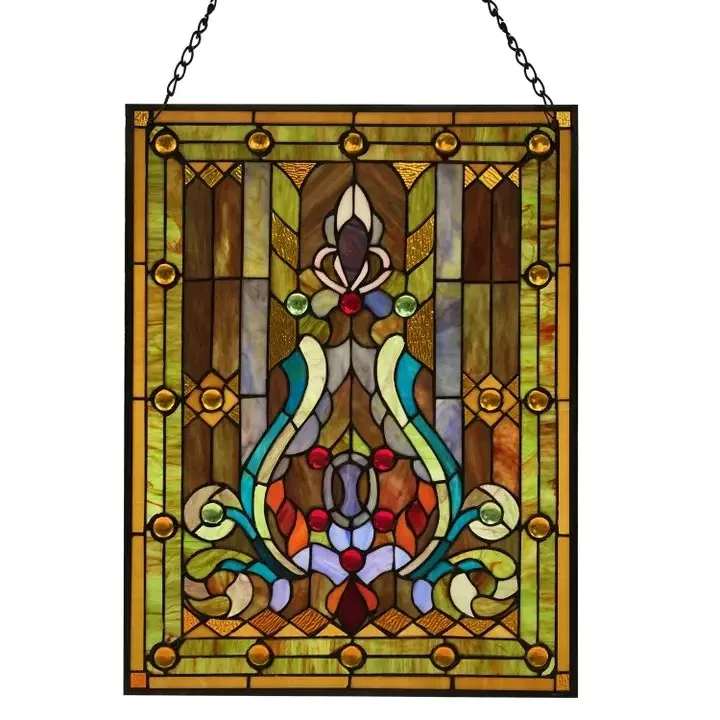 Zhuri - Ravishing plays of color. The traditional Fleur de Lis pattern fits well with all decors. Geometric and swirling splashes of amber, red, green, blue and orange show off the 289 glass cuts and 30 cabochons. Hang it in a window for a kaleidoscope of colors or on a wall to accent a room. Bring color into your home with this beautifully handcrafted window panel. Perfect addition to your fall decor.   Experience the beauty of a Paris museum as the light filters through this Fleur de Lis fireplace screen.  At 24.75&quot;H, this window panel is the perfect addition to a living room, bedroom, or den window.  Hand cut glass pieces are soldered together using the copper foil method, made famous by Louis Comfort Tiffany in the early 1900s.  Window panels are great for adding color to your window. Panels can also be displayed against a wall for a more contemporary, gallery feel.  Overall Dimensions: 18.875&quot;L x 0.25&quot;W x 24.75&quot;H
