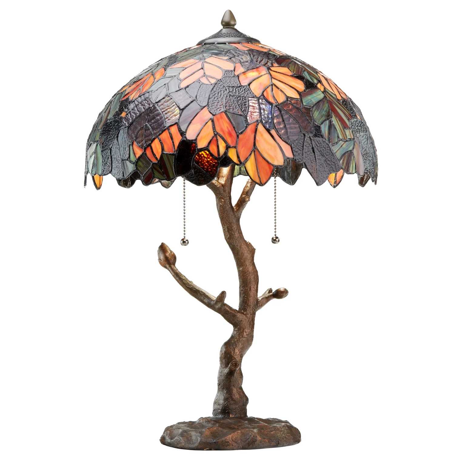 Marvel Maple - This traditional bedside table lamp features a unique base with a novelty tree trunk shape, finished in antiqued bronze. Orange, brown, and red glass cuts form the maple leaves-inspired stained glass shade for a warm, inviting glow. The bowl-shaped shade filters the light from two A19 bulbs (not included), casting a soft downlight that's perfect for bedside reading or creating a calming mood in your living room. Switch on and off with ease using the pull chains, and easily place in any room using the 65 inch cord.