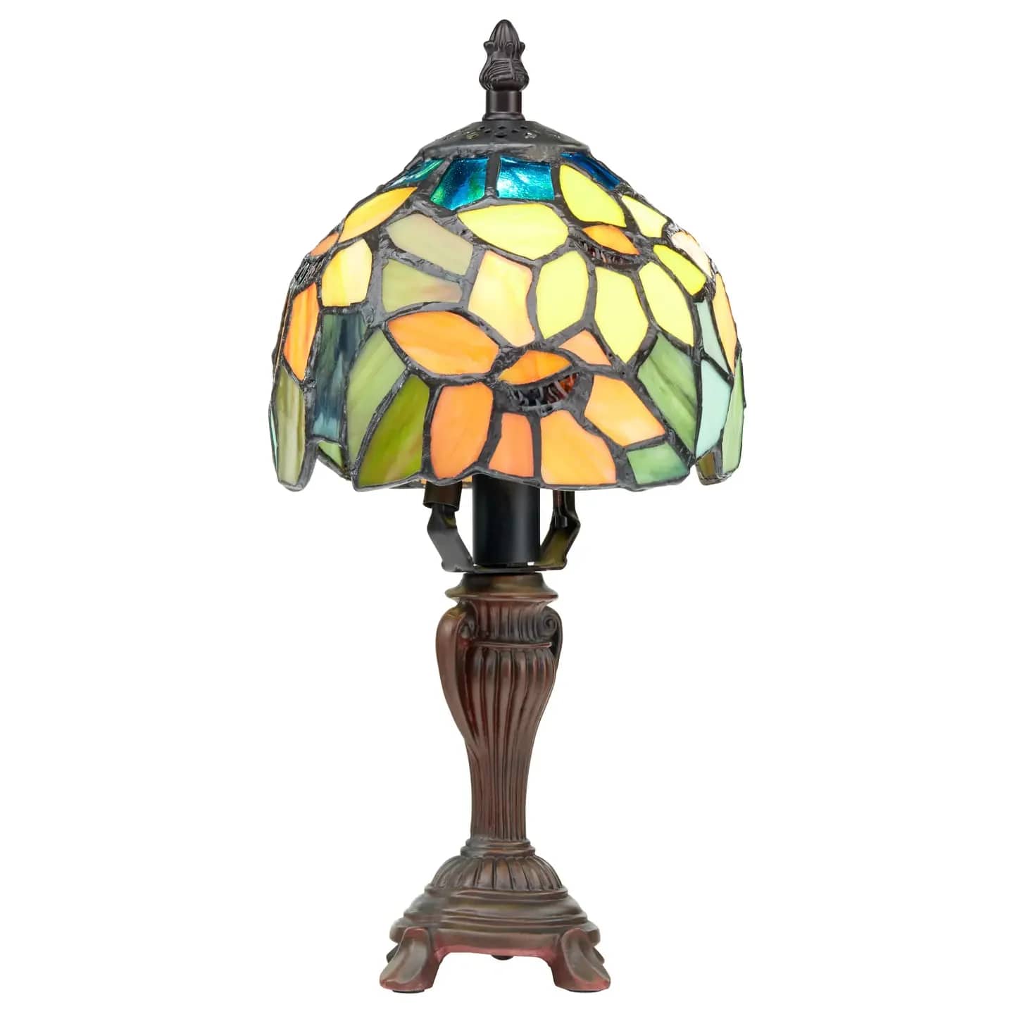 Sunflower Blossoms - This traditional accent lamp features a vibrant palette of yellow, green and amber colors. The polyresin candlestick base is topped with a dome shaped glass shade made from 93 individual pieces of stained glass. With an antiqued finish, the lamp exudes a warm, inviting glow when lit, making it an ideal addition to any room in your home. The lamp comes with a 72-inch cord and in-line switch for easy placement and operation. Whether you're looking to add a touch of charm to your living room or a splash of color to your bedroom, this accent lamp is sure to deliver.  Overall Dimensions: 6&quot;L x 6&quot;W x 12&quot;H