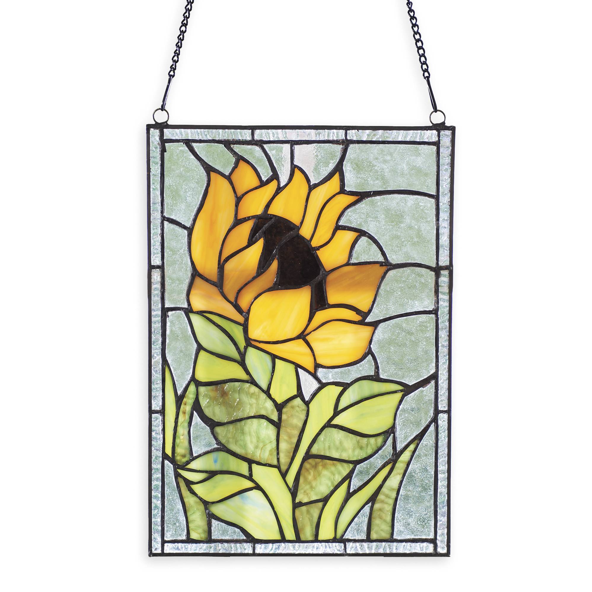 Sunflower Stained Glass - Even on a cloudy day, this beauty will brighten your day. Stained glass panel is individually crafted Tiffany-style from 78 pieces of hand-cut art glass joined with copper foil. Perfectly sized for hanging on most any window. Hanging chain included (23&quot;). 8&quot;W x 11&quot;H.