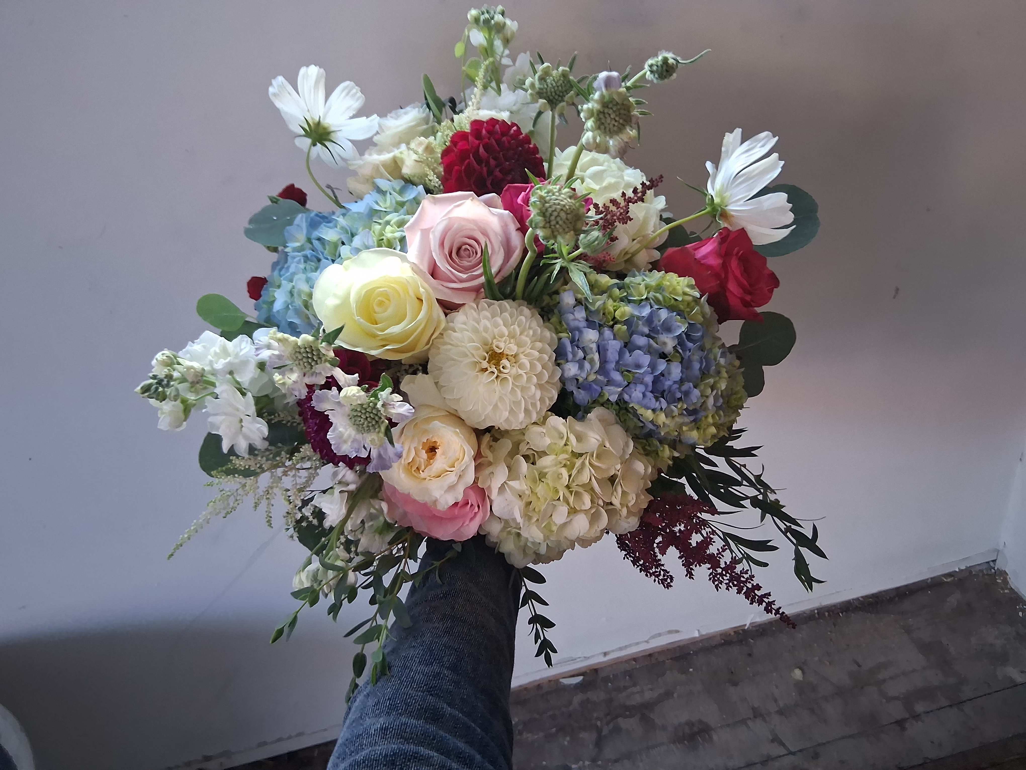 Jessica's bridal bouquet - Beautiful vintage style bridal bouquet with white, light pink, light blue and burgundy roses, hydrangea,  lisiantus, dahlia and other fillers
