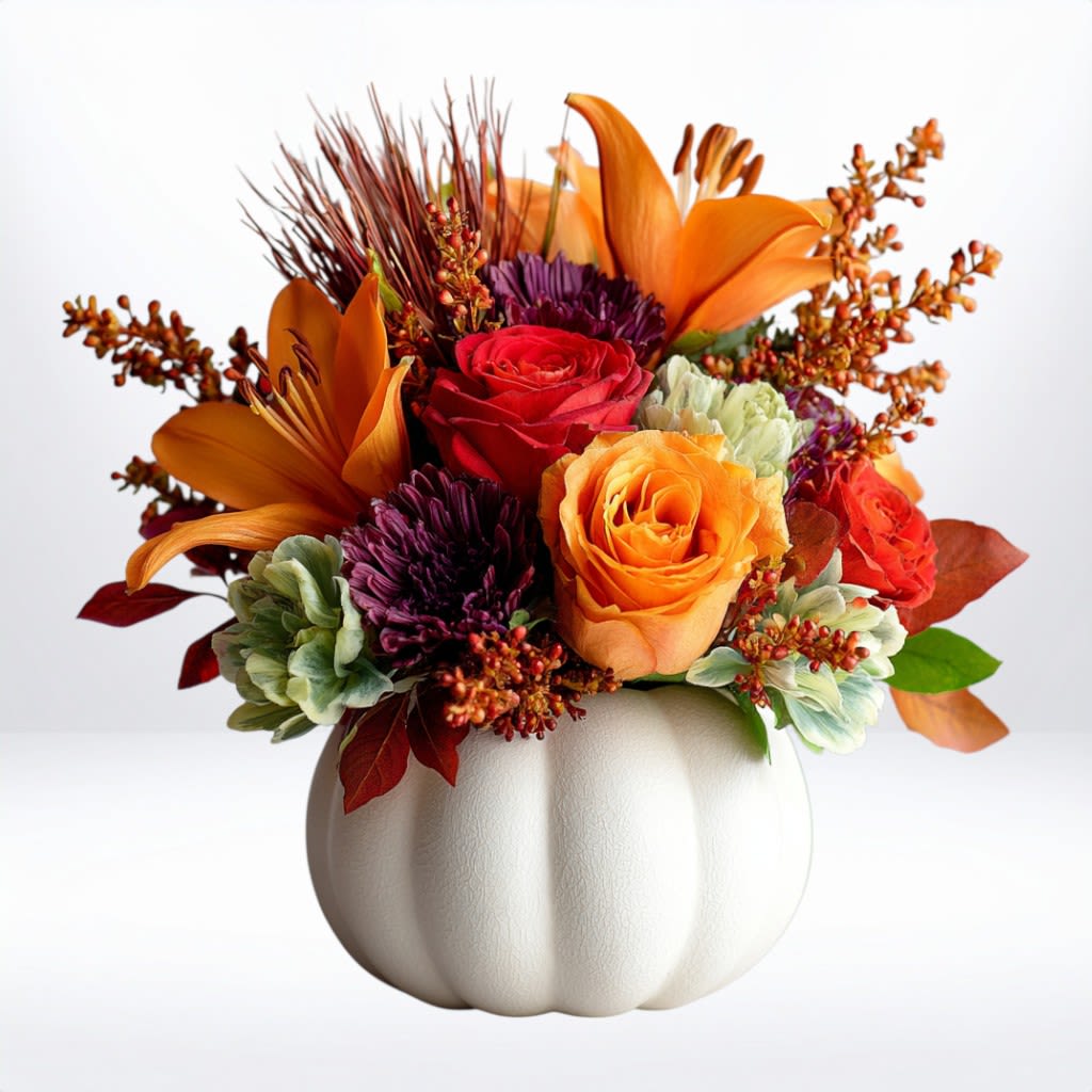 Pumpkin Spice Delight - The Pumpkin Spice Delight arrangement is a festive nod to autumn’s best colors and textures. Designed in a keepsake white ceramic pumpkin, it features vibrant orange lilies, red and orange roses, rich burgundy mums, and seasonal accents for a cozy harvest feel. This cheerful centerpiece is perfect for brightening your home décor, sending fall wishes, or adding warmth to your Thanksgiving table.  Available for same-day flower delivery in Galveston, Houston, and surrounding areas, this seasonal bouquet is a beautiful way to celebrate the spirit of fall.  Substitution Disclaimer: Due to seasonal availability, some blooms may be replaced with similar varieties of equal or greater value to maintain the design’s look and integrity. Your arrangement will always reflect the same spirit, palette, and premium quality.