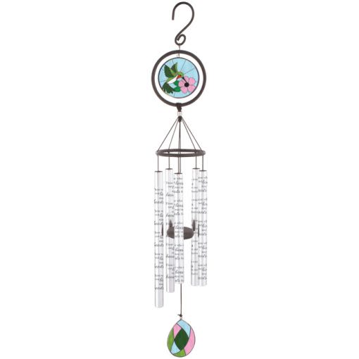 &quot;In Our Hearts&quot; 35&quot; Stained-Glass Sonnet Chimes - These Stained-Glass Sonnet Chimes have 5 center pinned tubes that emit sweet gentle tones.  Quality glass headers and sails are two-sided, sculpted and hand painted.  Each Chime Tube Reads: &quot;Those who touch our lives stay in our hearts forever&quot;  35&quot; L x 4&quot; W 5 tubes - 7/8&quot; diameter Powder coated aluminum construction Adjustable striker