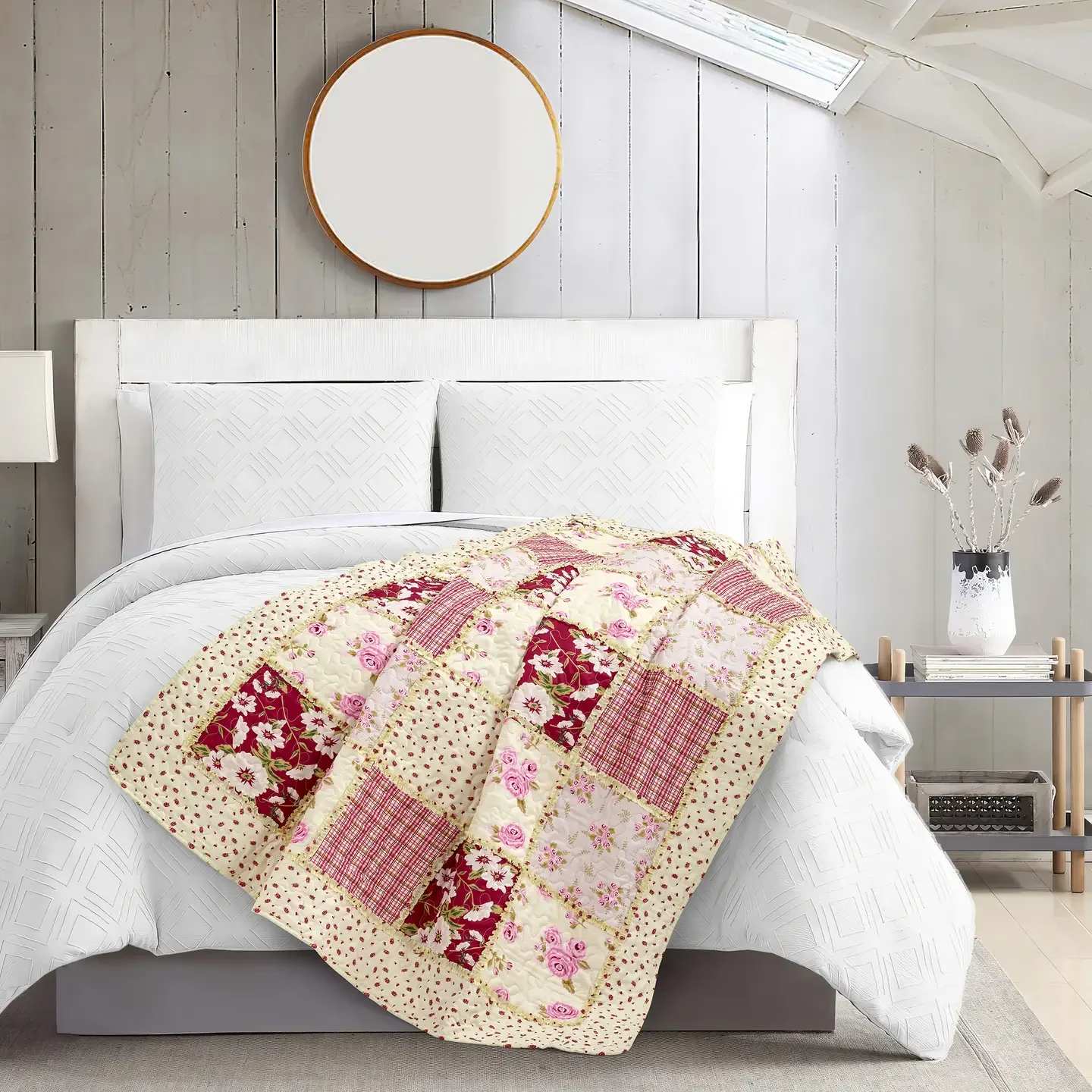 Pink Kensington Quilt Throw - Beautiful bright floral pattern. 50x60. Floral Garden Quilt features florals in colors of pink and green. This comfy cozy quilt makes a great accent to any room.  Delivered on a stand for services or wrapped for home delivery.