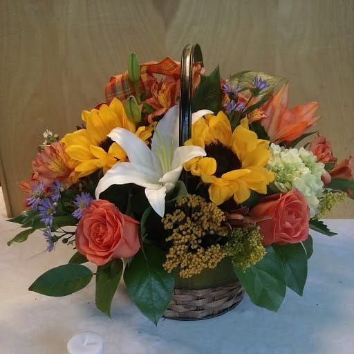 bountiful basket - lilies,sunflowers,hydrangeas, alstromeria, roses