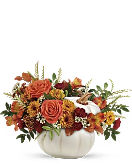 Harvest Pumpkin Fresh Bouquet Harvest Pumpkin Fresh Bouquet - Add a touch of enchantment to your fall gatherings with this magnificent mix of autumnal roses and mums, gathered in a white ceramic pumpkin that's sure to be an annual décor favorite! Orange roses, orange alstroemeria, miniature maroon carnations, and yellow viking daisy spray chrysanthemums are accented with oak leaves. Delivered in Teleflora's Enchanted Harvest Pumpkin.