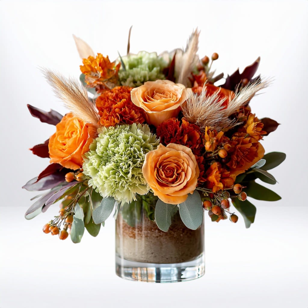 Rustic Harvest Glow - The Rustic Harvest Glow bouquet is a cozy celebration of fall’s natural beauty. Designed in a clear glass vase with a rustic base, it features vibrant orange roses, earthy carnations, soft green blooms, and textured accents of wheat, berries, and autumn foliage. This warm, organic design makes it the perfect choice for Thanksgiving décor, fall birthdays, or sending heartfelt seasonal cheer.  Available for same-day flower delivery in Galveston, Houston, and surrounding areas, this bouquet brings the spirit of autumn indoors with elegance and charm.  Substitution Disclaimer: Due to seasonal availability, some blooms may be replaced with similar varieties of equal or greater value to maintain the design’s look and integrity. Your arrangement will always reflect the same spirit, palette, and premium quality.