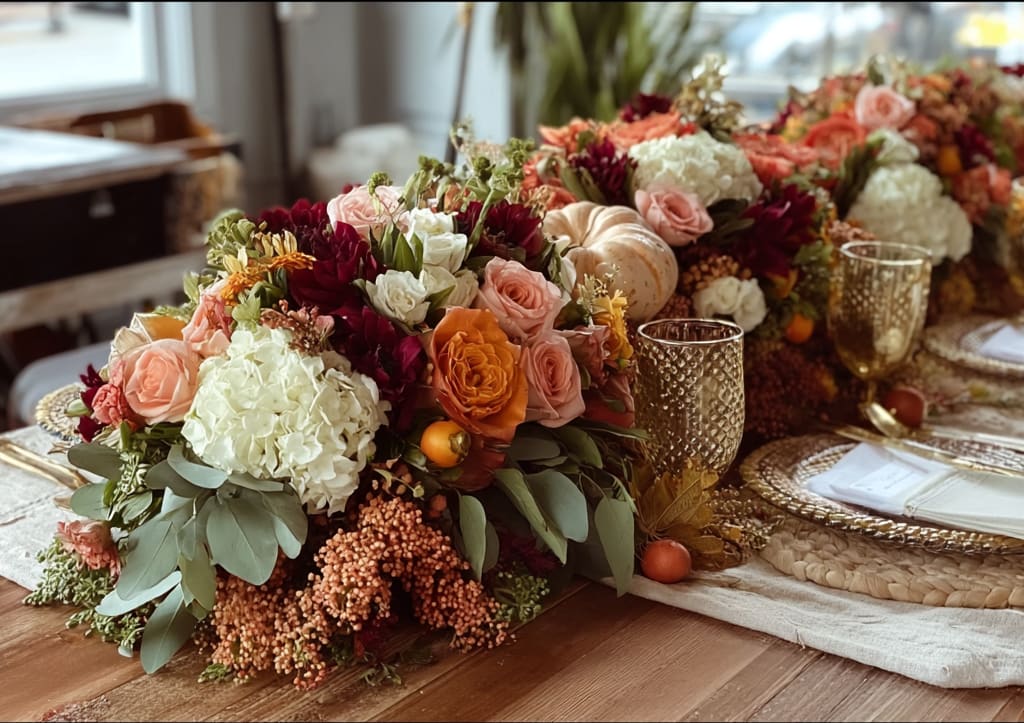 Opulent Gatherings Tablescape Opulent Gatherings Tablescape - Transform your table into an unforgettable centerpiece with our Opulent Gatherings Tablescape, designed in rich seasonal hues of burgundy, gold, orange, green, and soft peach. This dramatic 3-foot floral runner is artfully created in three designer dishes, giving the illusion that the blooms are “growing from the table.” With no visible vase, the arrangement creates an immersive garden-inspired experience for your guests. Premium blooms may include orchids, roses, hydrangeas, calla lilies, chrysanthemums, and lush greenery, carefully arranged in floral foam for lasting beauty throughout your event or Thanksgiving Dinner. Perfect for weddings, dinner parties, corporate gatherings, or holiday celebrations, this tablescape exudes luxury and sophistication from every angle.