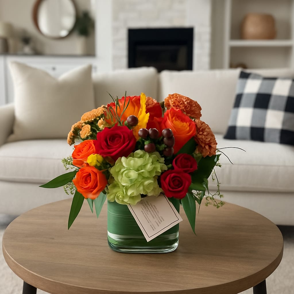 Autumn Breeze - Seasonal Fall Arrangement - Autumn Breeze – A Rustic Fall Floral Arrangement  Bring the warmth of fall into your home with Autumn Breeze, a vibrant floral arrangement that perfectly captures the beauty of the season. Bursting with rich red and orange roses, lush green hydrangeas, and seasonal accents like berries and autumn leaves, this design radiates cozy farmhouse charm.  Arranged in a modern glass vase wrapped with natural foliage, Autumn Breeze makes a stunning centerpiece for your dining table, coffee table, or entryway console. Whether you’re sending a thoughtful gift, or simply adding seasonal décor to your space, this bouquet is the ideal choice.  Hand-crafted with care in Eagle Rock, Autumn Breeze is more than just flowers—it’s a warm embrace of fall’s colors and textures. Perfect for thank-yous, or just because, this arrangement will brighten any room and every occasion.