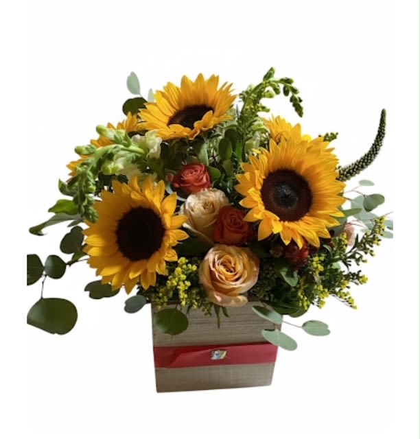 Picnic by BloomNation™ - Summer in a box! Everybody loves a picnic! Featuring sunflowers, a pincushion protea, and cymbidium orchids, this arrangement is a great option to send to somebody celebrating the summer season.  Approximate Dimensions: 12&quot;D x 8&quot;H