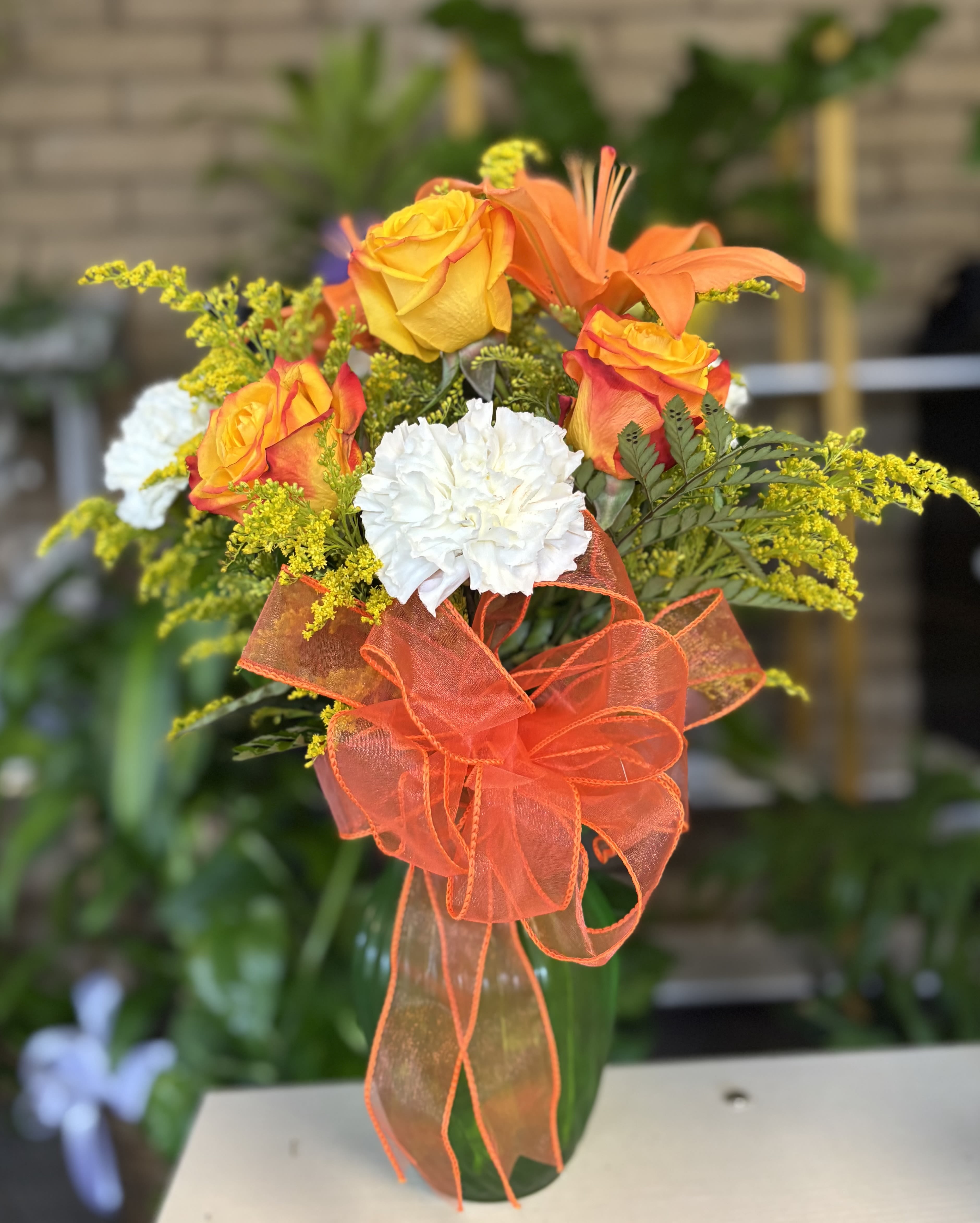 Orange Love  - fresh fall colors flowers in green vase 