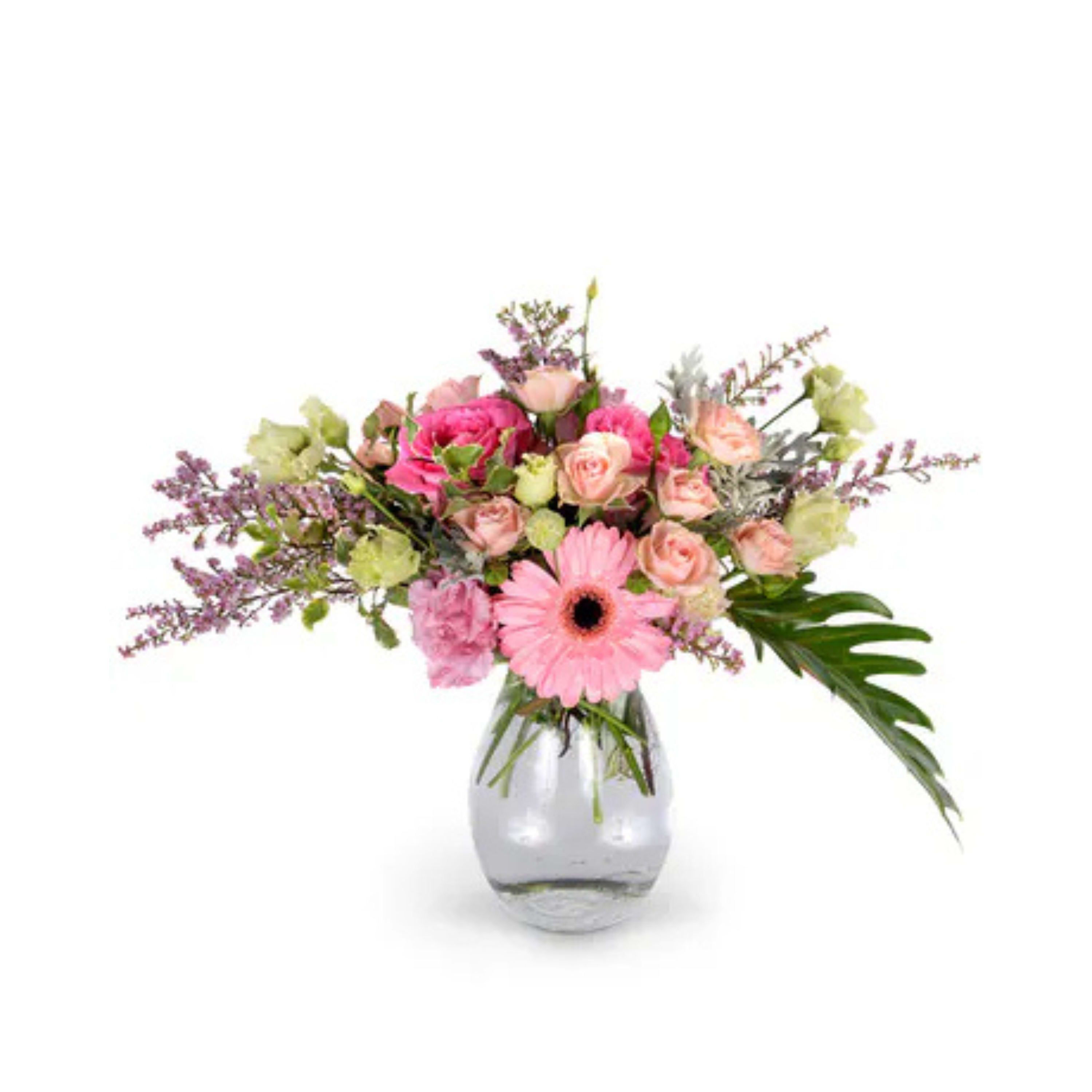 Peek-A-Bloom - Peek-A-Boo, I see you! The pink blooms just pop in this modern style arrangement.  This darling bouquet features a variety of blooms in different shades of pink, artfully arranged in a contemporary design. 