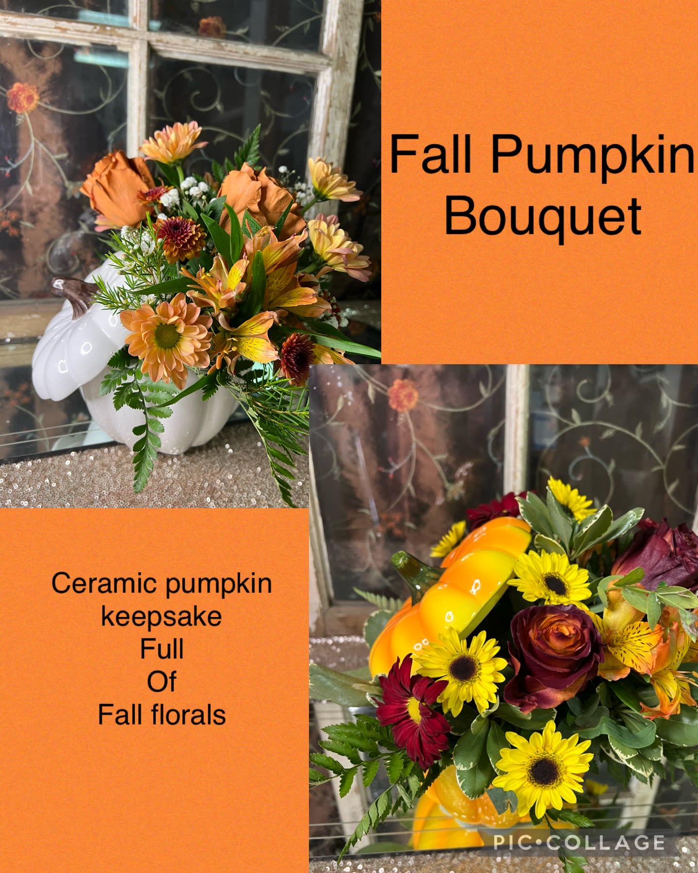 Fall Pumpkin Bouquet - This beautiful arrangement of assorted fall flowers in designed in a keepsake ceramic pumpkin. We will use the best seasonal florals in a white or orange ceramic pumpkin keepsake container. Standard is pictured, deluxe and premium will have additional stems of premium florals. 