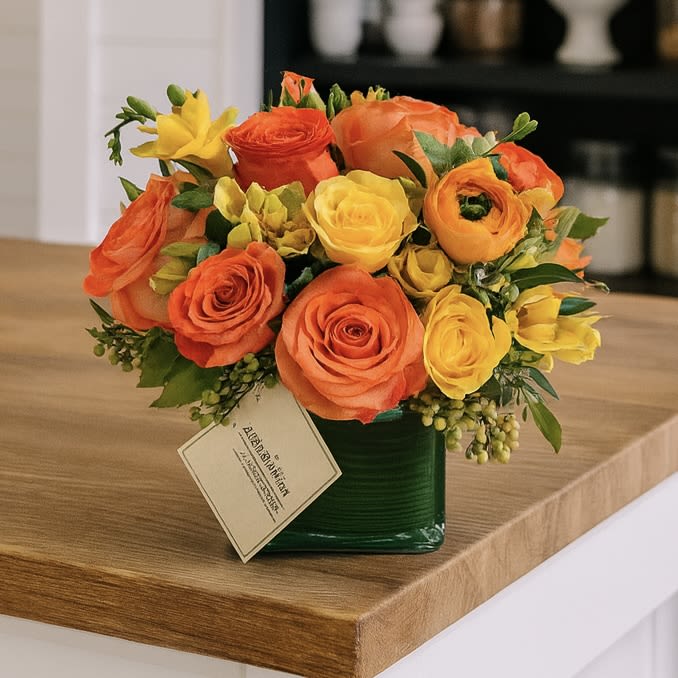 Sun Kiss - Brighten their day with our Sun Kiss Arrangement, a stunning mix of seasonal blooms in radiant orange and cheerful yellow tones. Designed in a modern glass cube vase, this vibrant flower arrangement is perfect for celebrations, anniversaries, thank-you gifts, or simply to show someone special how much you care. Fresh roses, ranunculus, and other seasonal favorites come together in a bold and uplifting design that brings warmth and joy to any space. Hand-crafted and delivered with care, the Sun Kiss Arrangement makes the perfect gift to celebrate love, friendship, and togetherness.