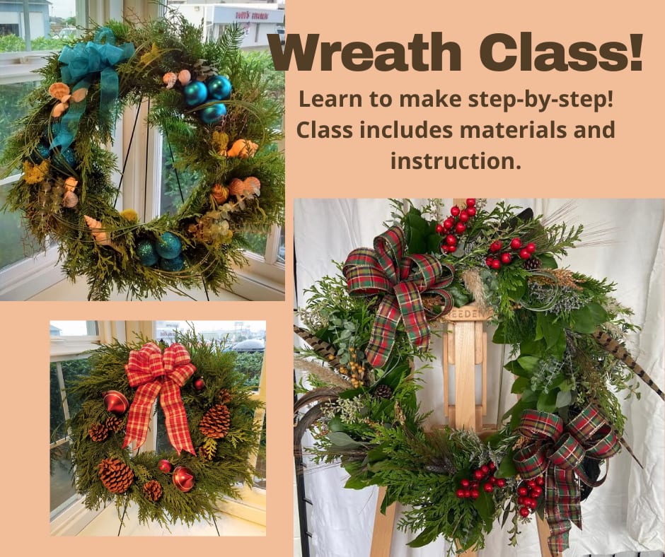 Christmas Wreath Class (Please Read Description!) Christmas Wreath Class (Please Read Description!) - Learn to make a winter wreath step-by-step! Class includes materials and instruction. Please read the specific descriptions of the 3 size/price options below. This wreath is made of Christmas greens such as fir, cedar, and pine. Learn techniques that professional florist use to create wreaths and garland that you can use again and again. You can choose your ribbon, balls, cones, and accents to customize your wreath! Dates/Times for the 2025 Season: Please indicate your class time preference in the "special instructions" section of our online order. Please also indicate your color/style preference (if you have any.) Friday, Dec. 5, 2 pm Friday, Dec. 5, 5:30 pm Saturday, Dec. 6, noon