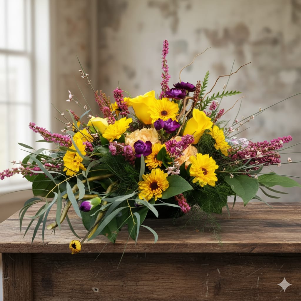 A little bit of Sunshine - A Little Bit of Sunshine – Birthday &amp; Fall Flowers  Bring a touch of warmth and joy to any day with A Little Bit of Sunshine, a vibrant bouquet inspired by the colors of a sunset. This cheerful arrangement features yellow Viking daisies, sunny yellow roses, peachy carnations, purple mini carnations, and soft pink heather, making it the perfect gift for birthdays, seasonal celebrations, or just because.  Designed for easy care, this arrangement comes in a standard green tray. Simply add a little water each day to keep your flowers fresh and long-lasting. These fall flowers flourish beautifully indoors; just avoid direct sunlight for optimal longevity.  Perfect gifts for:  - Birthday flowers  - Fall décor and seasonal gifting  - Brightening any room with long-lasting blooms  Specialty Floral Design proudly offers local flower delivery in Tumwater, Lacey, and the surrounding Olympia, WA areas, delivering happiness and color right to your door. We are a local flower shop in Olympia and also offer same-day delivery for your convenience.   