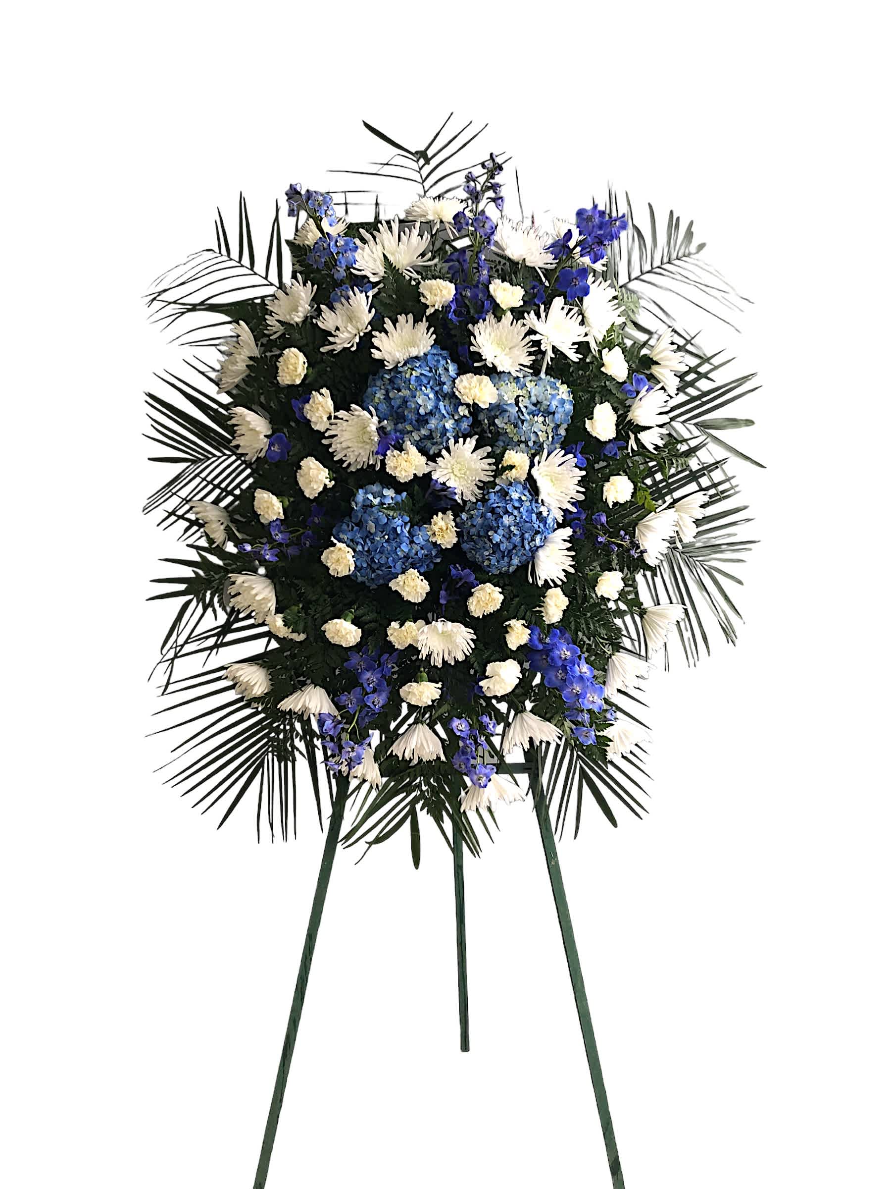 Eternal Friendship Spray Eternal Friendship Spray - Eternal Friendship Standing Spray includes: Blue Hydrangea White Chrysanthemum Blue Delphinium White Carnation This type of design is usually approximately 5 - 6 ft tall and is meant for funeral services ONLY. This design includes a free banner (please include a banner sign in the Special Instruction Box or Message Box with the title “BANNER”). In the event a banner space is left blank for any reason, ONLY a card message will be included. Banners are printed in a black 2.5-inch wide ribbon with silver ink. Currently, we don't offer any other colors. If the service is the same day as the order was placed we cannot guarantee delivery by a certain time. And flowers will be delivered during normal business hours. To ensure the delivered flowers match the displayed photo as close as possible we recommend ordering 3-5 days in advance. For the same or next day deliveries, we reserve a right to substitute flowers with the same or greater value.