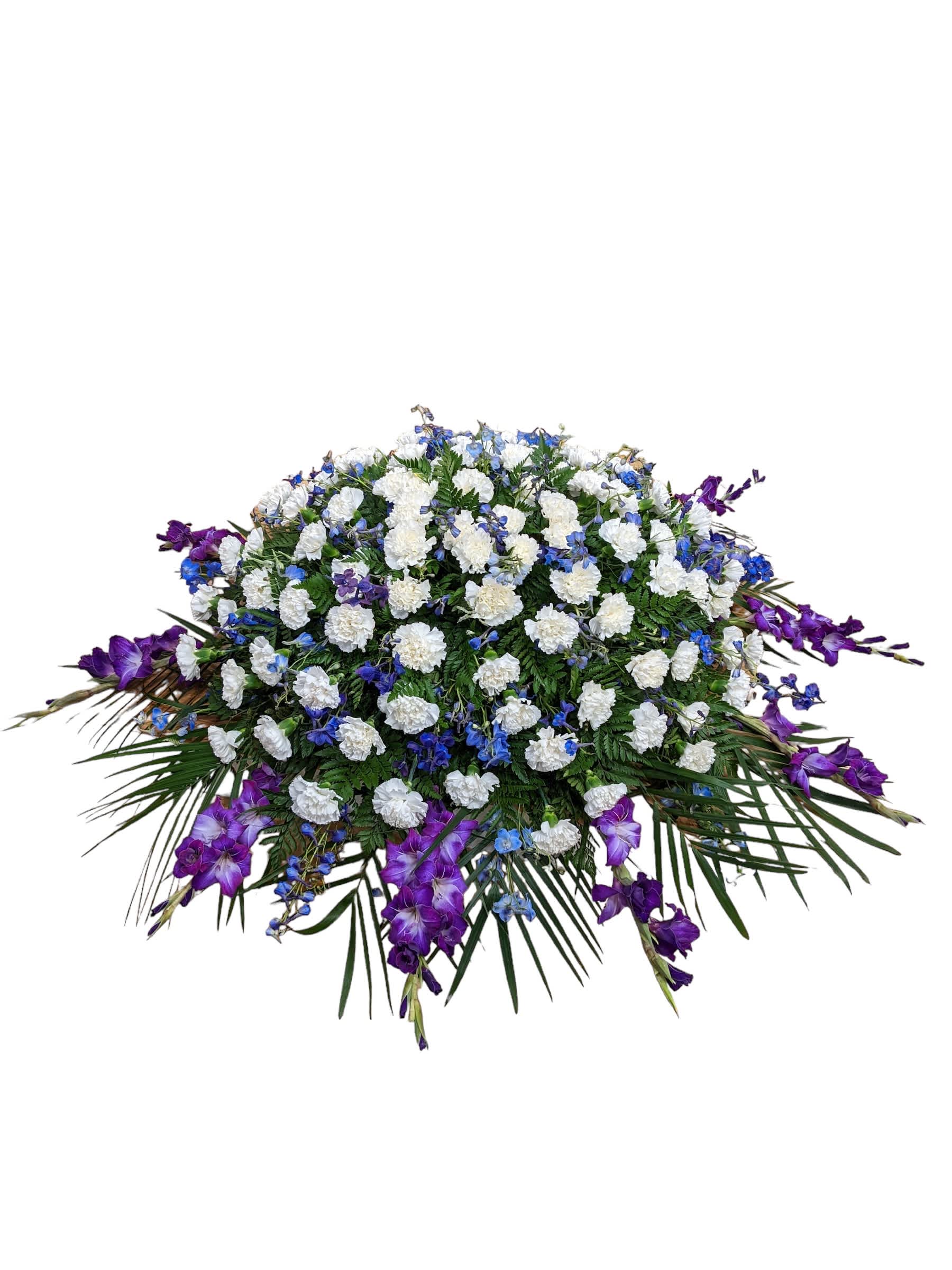 Pure Light Casket Pure Light Casket - Pure Light Casket includes: White Carnations Blue Delphinium Purple Gladiolus This type of design is meant for funeral services ONLY. The Casket spray measures about 5 ft x 3 ft x 1ft. This design includes a free banner (please include a banner sign in the Special Instruction Box or Message Box with the title “BANNER”). In the event a banner space is left blank for any reason, ONLY a card message will be included. Banners are printed in a black 2.5-inch wide ribbon with silver ink. Currently, we don't offer any other colors. If the service is the same day as the order was placed we cannot guarantee delivery by a certain time. And flowers will be delivered during normal business hours. A smaller heart of red roses inside a larger heart orange rose create a gorgeous spray for a funeral. To ensure the delivered flowers match the displayed photo as close as possible we recommend ordering 3-5 days in advance. For the same or next day deliveries, we reserve a right to substitute flowers with the same or greater value.