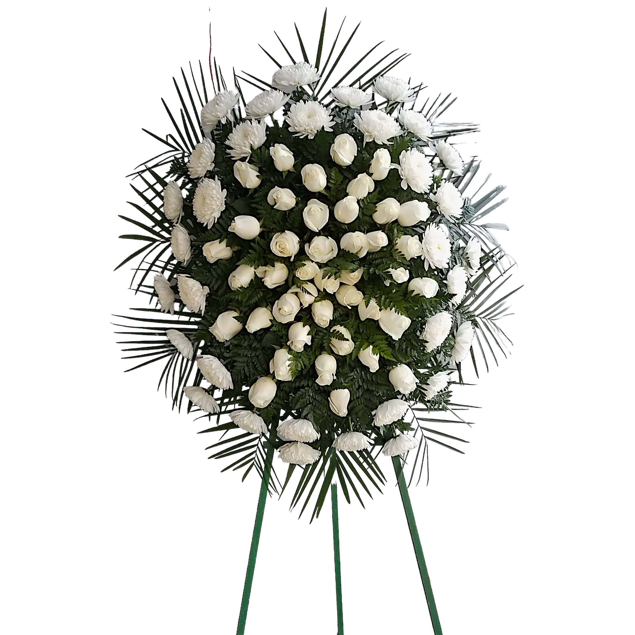 Sweet Comfort Standing Spray Sweet Comfort Standing Spray - A center of white roses encompassed by large white chrysanthemums. This type of design is usually approximately 5 - 6 ft tall and is meant for funeral services ONLY. This design includes a free banner (please include a banner sign in the Special Instruction Box or Message Box with the title “BANNER”). In the event a banner space is left blank for any reason, ONLY a card message will be included. Banners are printed in a black 2.5-inch wide ribbon with silver ink. Currently, we don't offer any other colors. If the service is the same day as the order was placed we cannot guarantee delivery by a certain time. And flowers will be delivered during normal business hours. To ensure the delivered flowers match the displayed photo as close as possible we recommend ordering 3-5 days in advance. For the same or next day deliveries, we reserve a right to substitute flowers with the same or greater value.