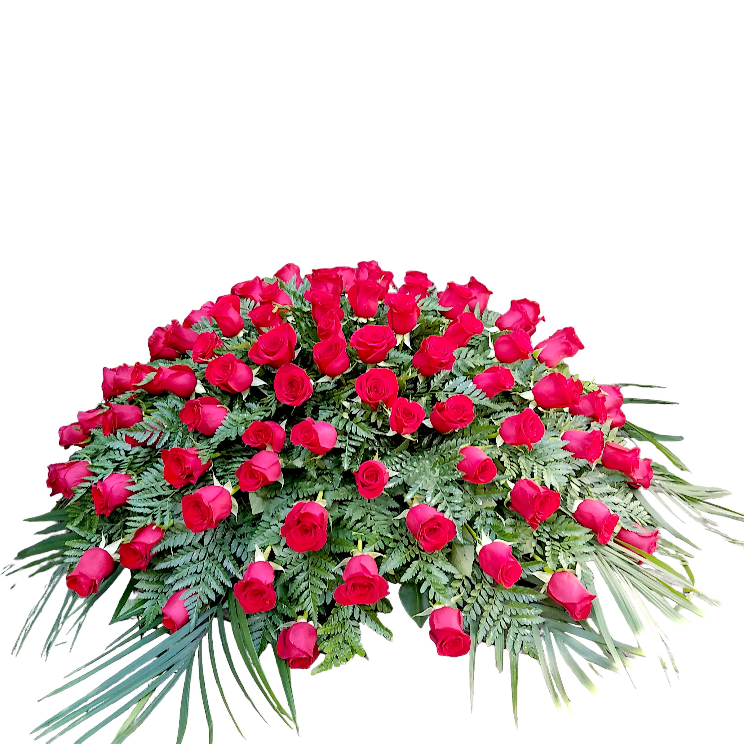 Tender Reminiscence Casket Spray Tender Reminiscence Casket Spray - This type of design is usually approximately 5 ft x 3 ft x 1ft tall and is meant for funeral services ONLY. This design includes a free banner (please include a banner sign in the Special Instruction Box or Message Box with the title “BANNER”). In the event a banner space is left blank for any reason, ONLY a card message will be included. Banners are printed in a black 2.5-inch wide ribbon with silver ink. Currently, we don't offer any other colors. If the service is the same day as the order was placed we cannot guarantee delivery by a certain time. And flowers will be delivered during normal business hours. To ensure the delivered flowers match the displayed photo as close as possible we recommend ordering 3-5 days in advance. For the same or next day deliveries, we reserve a right to substitute flowers with the same or greater value.