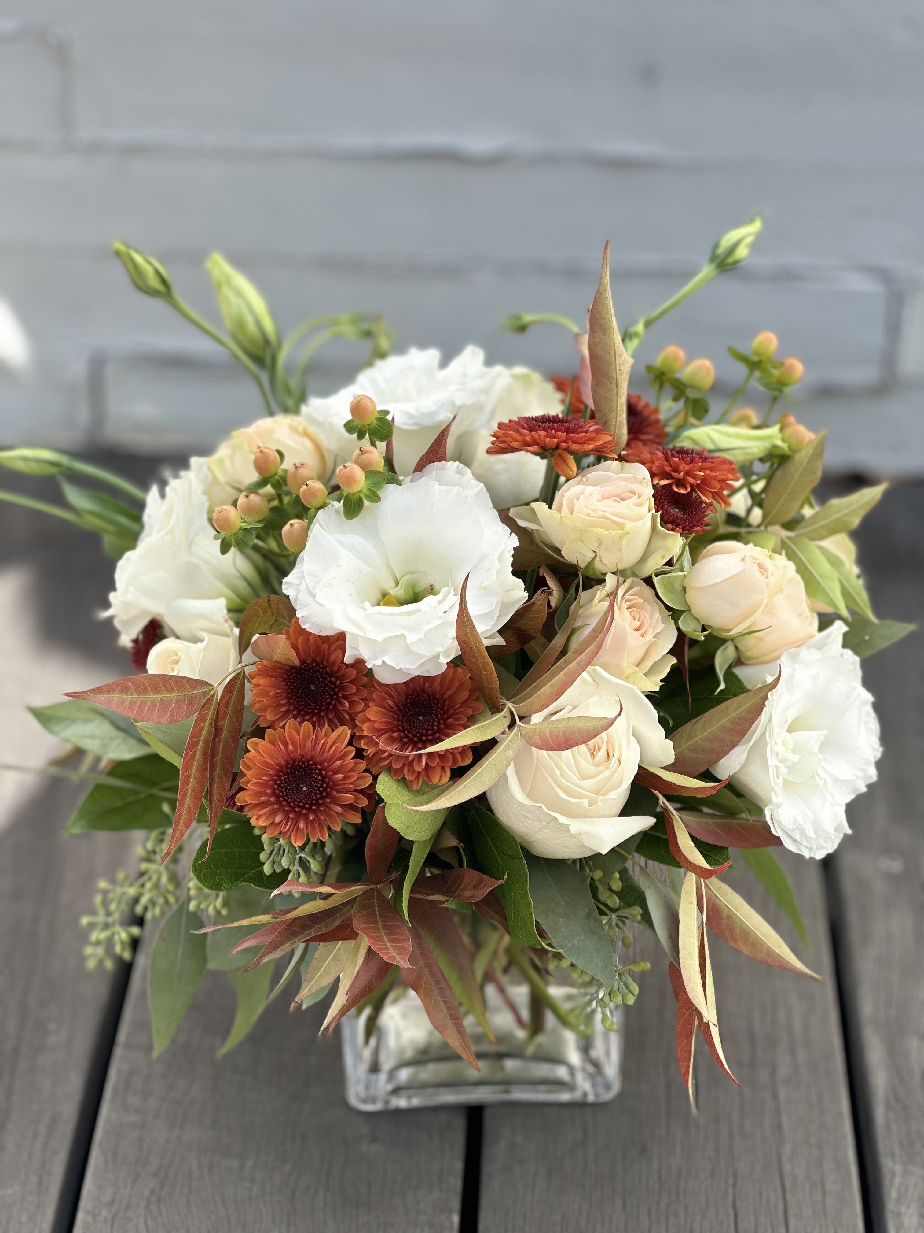 Autumn Sensation  - Gorgeous Autumn sensation cubes of heart warming fall fresh flowers including roses, autumn poms, hypericum berries and greenery in soft shades. 