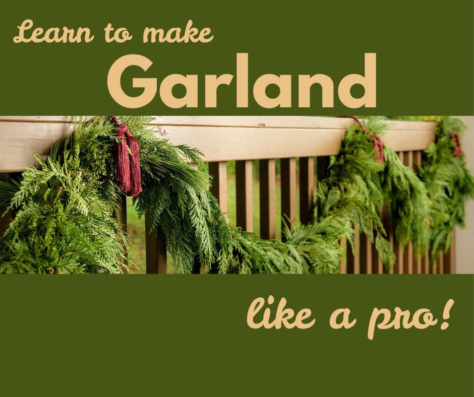 CLASS: Fresh Garland from Scratch CLASS: Fresh Garland from Scratch - Learn to make fresh garland from cedar, fir, and other locally sourced conifers! The technique we will use will result in sturdy garland that WON'T fall apart or have the dreaded GAPS that home-made garland sometimes has. Please indicate the time you want to come to in the "special instructions" section of our online order. Wednesday, Dec. 3 at 2 pm OR 5:15 pm.