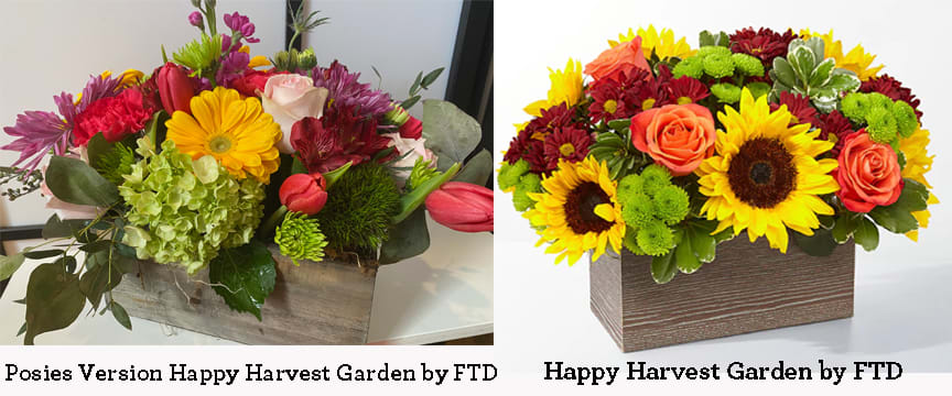 Happy Harvest Bouquet by FTD - Posies Version  - Celebrate the season with our custom interpretation of FTD's Happy Harvest Bouquet. Expertly designed in floral foam (oasis) and arranged in a rustic dark wooden box, this bouquet captures the rich warmth and vibrant colors of autumn.  Please note: The photo shown represents the overall theme and style of the bouquet. While your arrangement may not be an exact replica, it will maintain the same temperament, color palette, and design aesthetic. Substitutions may be necessary due to seasonal availability, weather conditions, or market changes—but rest assured, any replacements will be of equal or greater value, and always in keeping with the spirit of the original design.  Our arrangement typically includes a seasonal mix of: Green hydrangeas, Mini sunflowers,, Orange roses, Green button poms, Rust-colored daisy poms or similar fall-toned blooms  Each bouquet is one-of-a-kind, created with the freshest flowers available, ensuring a unique and memorable gift every time.   